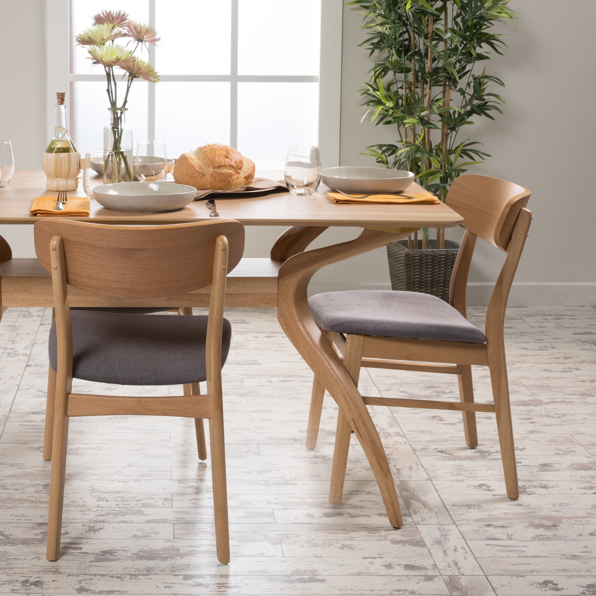 Noble House Mid-Century Modern Harper Fabric Dining Chairs, Set of 2, Natural Oak