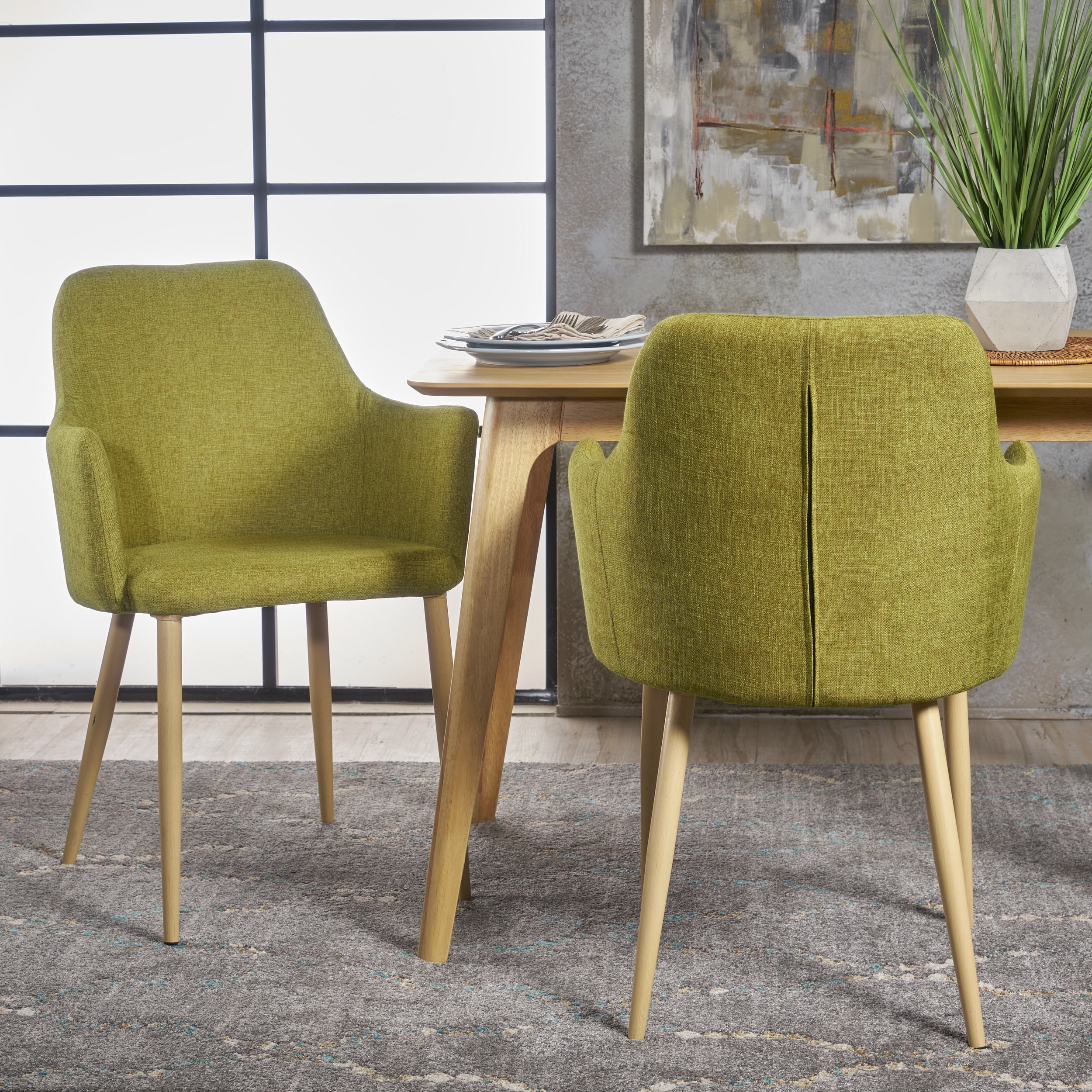 Noble House Nina Indoor Mid Century Fabric Dining Chairs, Set of 2, Green
