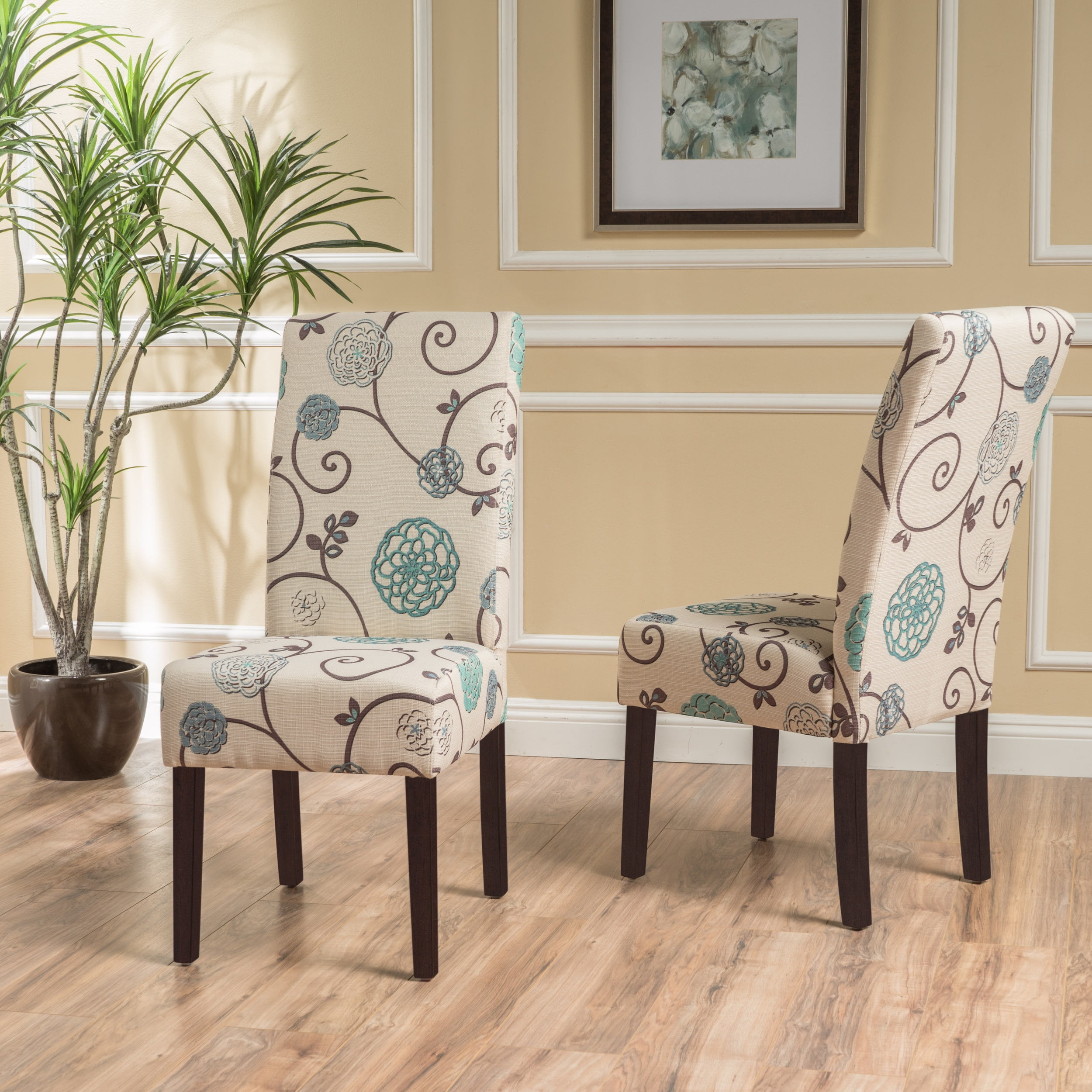 Noble House Peggy Indoor Contemporary Fabric Dining Chair, Set of 2, Light Beige, Blue Floral