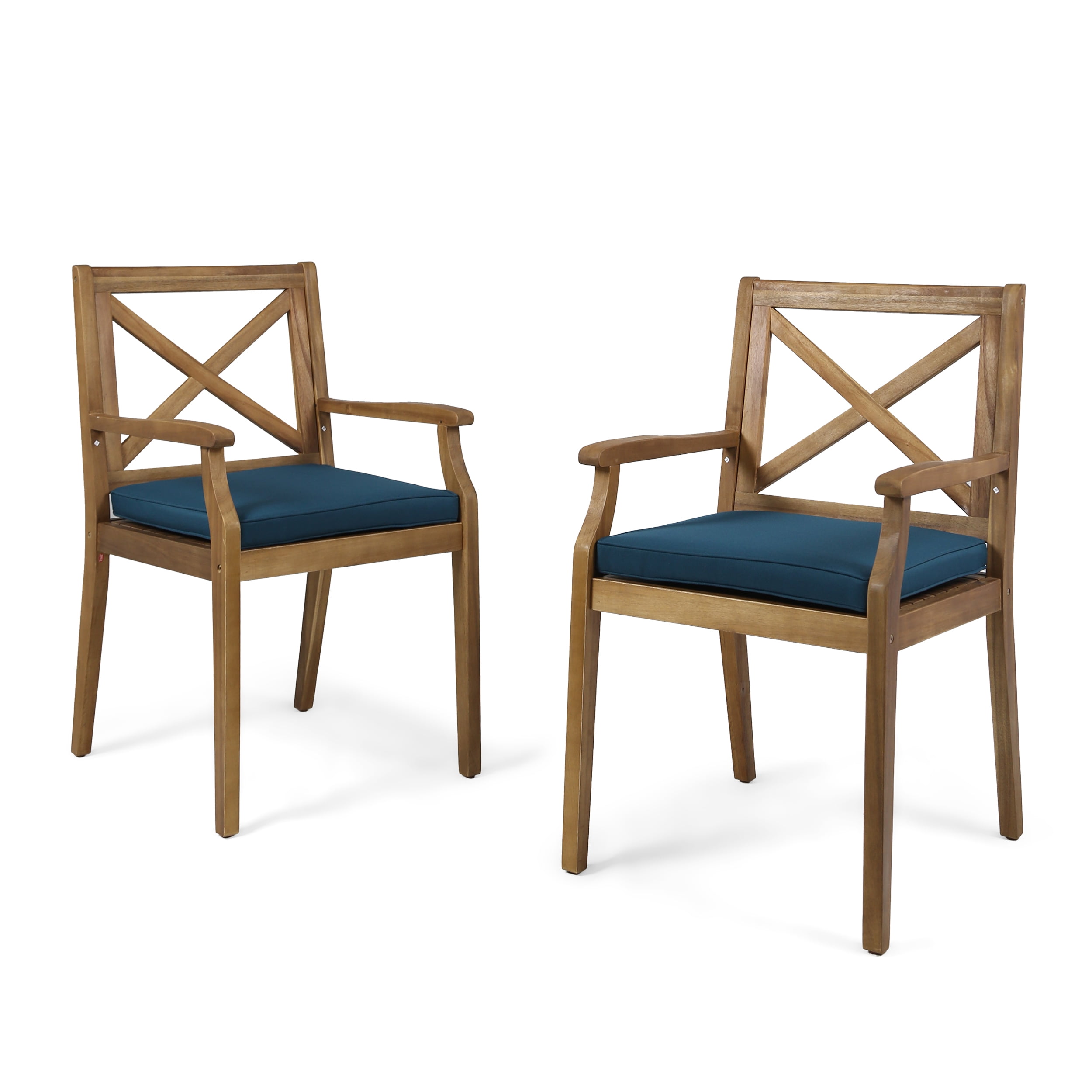 Noble House Perla Wooden Patio Dining Arm Chair in Teak and Blue (Set of 2)
