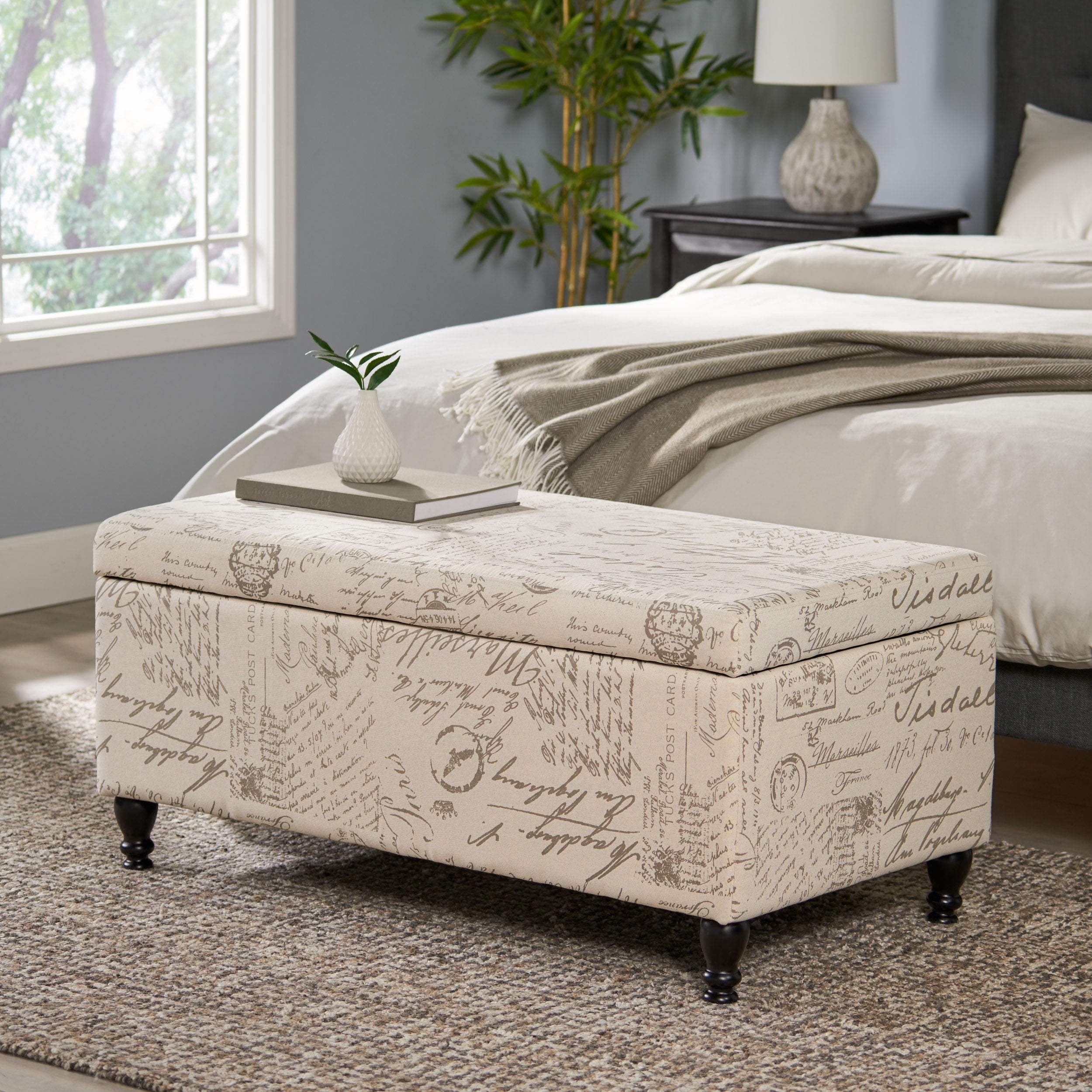 Noble House Phelan Rectangular Fabric Lift Top Storage Ottoman, French Script