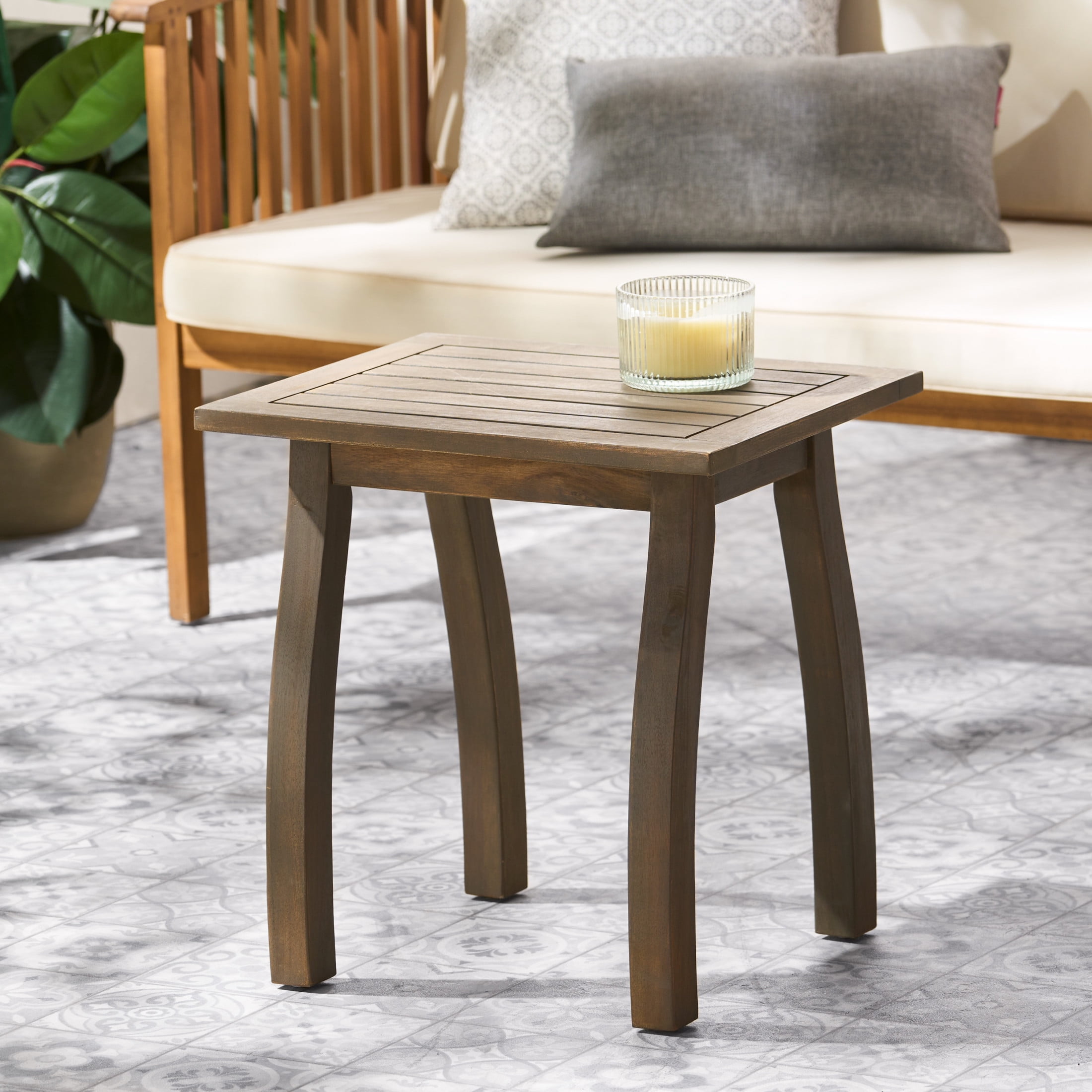 Christopher Knight Home Outdoor Accent Side Table, Acacia Wood End Table with Curved Legs, Dark Brown