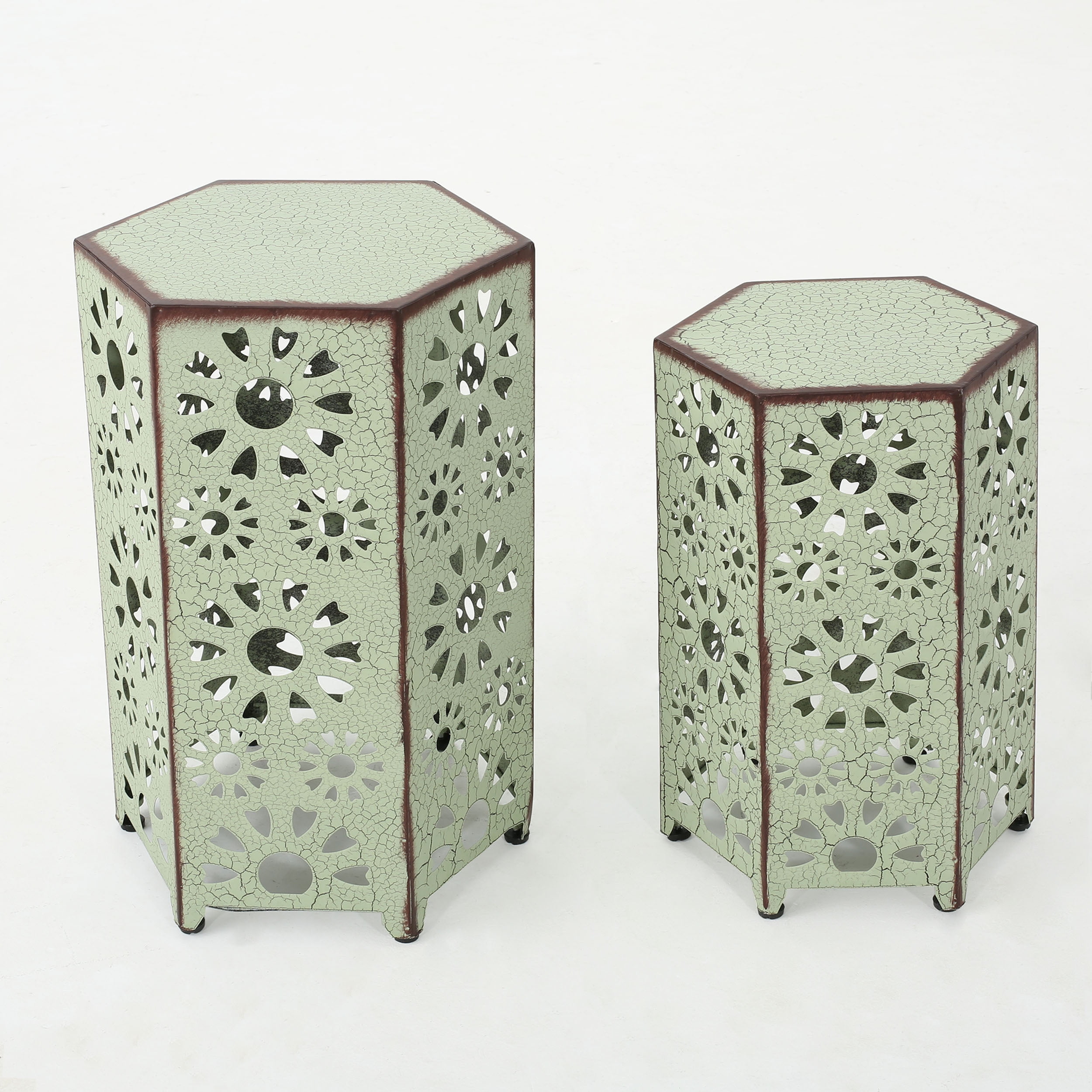 Noble House Vania 12 Inch and 14 Inch Sunburst Iron Side Table Set, Crackle Green