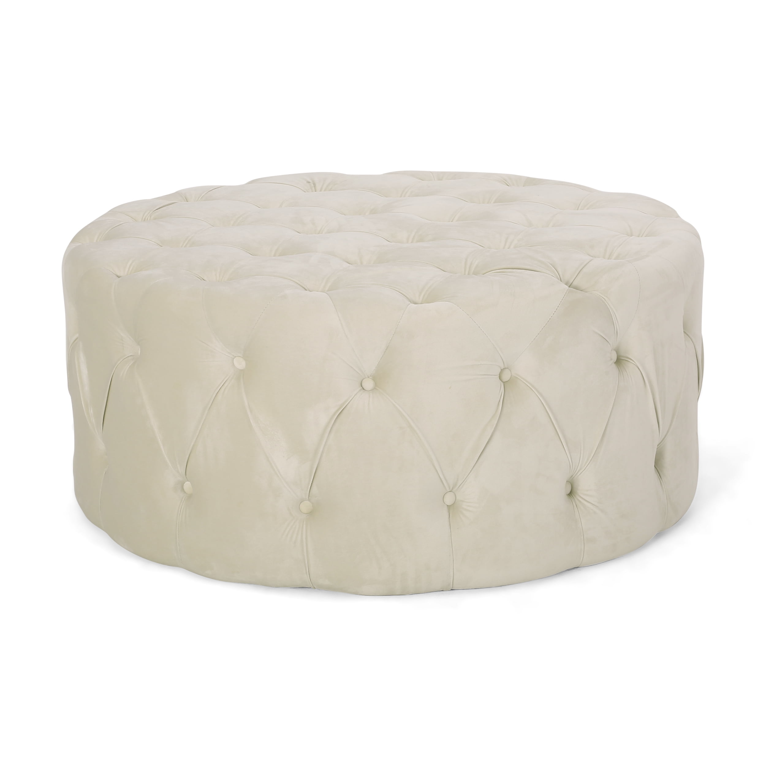 Noble House Vincent Modern Glam Round Tufted Velvet Ottoman, Beige