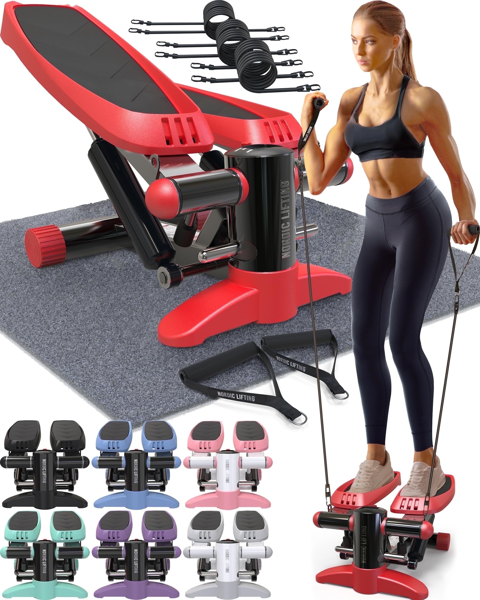 Nordic Lifting Mini Stepper and Stair Climber Machine w/Resistance Bands Set 330 LBS Weight Capacity - LCD Monitor -Red