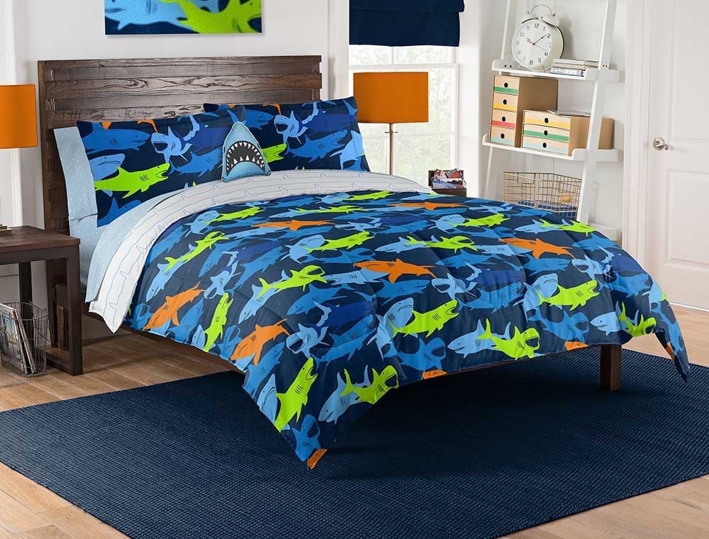 Northwest Kids 8-Piece Shark Adventure Full Bed In A Bag with Decorative Pillow
