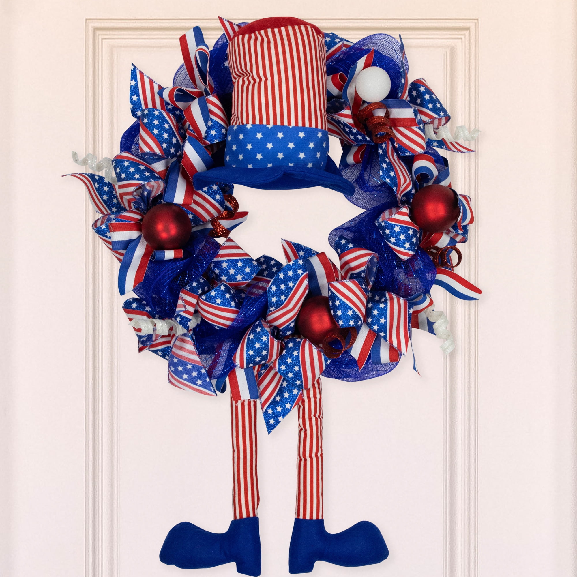 Northlight Patriotic Hat with Legs Deco Mesh Ribbon Wreath - 24"