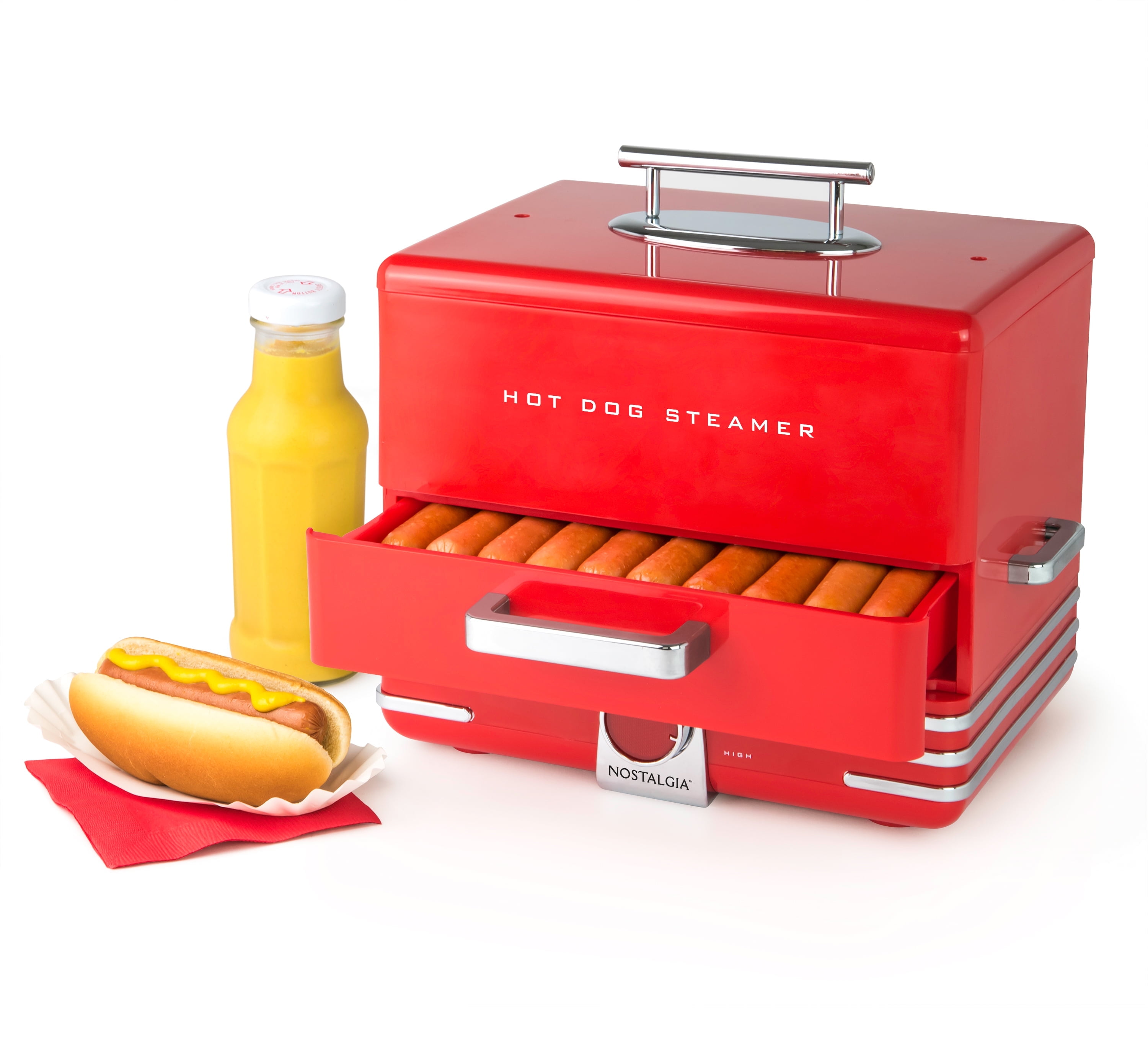 Nostalgia NHDS206RD 600 Watt, Plastic Hot Dog Steamer, Red