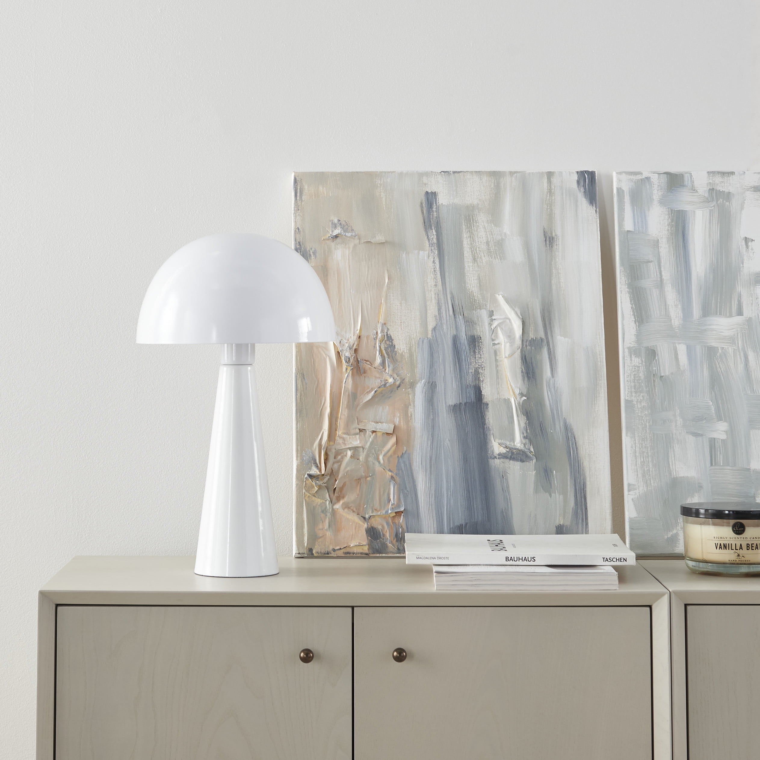 Nourison 16" Metal Mushroom Accent Table Lamp, Modern, Mid-Century, Retro, Transitional for Bedroom, Living Room, Dining Room, Office, Dorm Room, Coffee Table, White