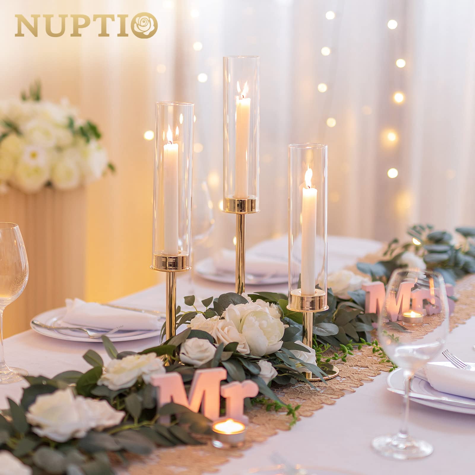 Nuptio Glass Candle Holders Set of 6 Glass Hurricane Candle Holder Gold Candlestick Holders Centerpiece for Table Mantel Fireplace