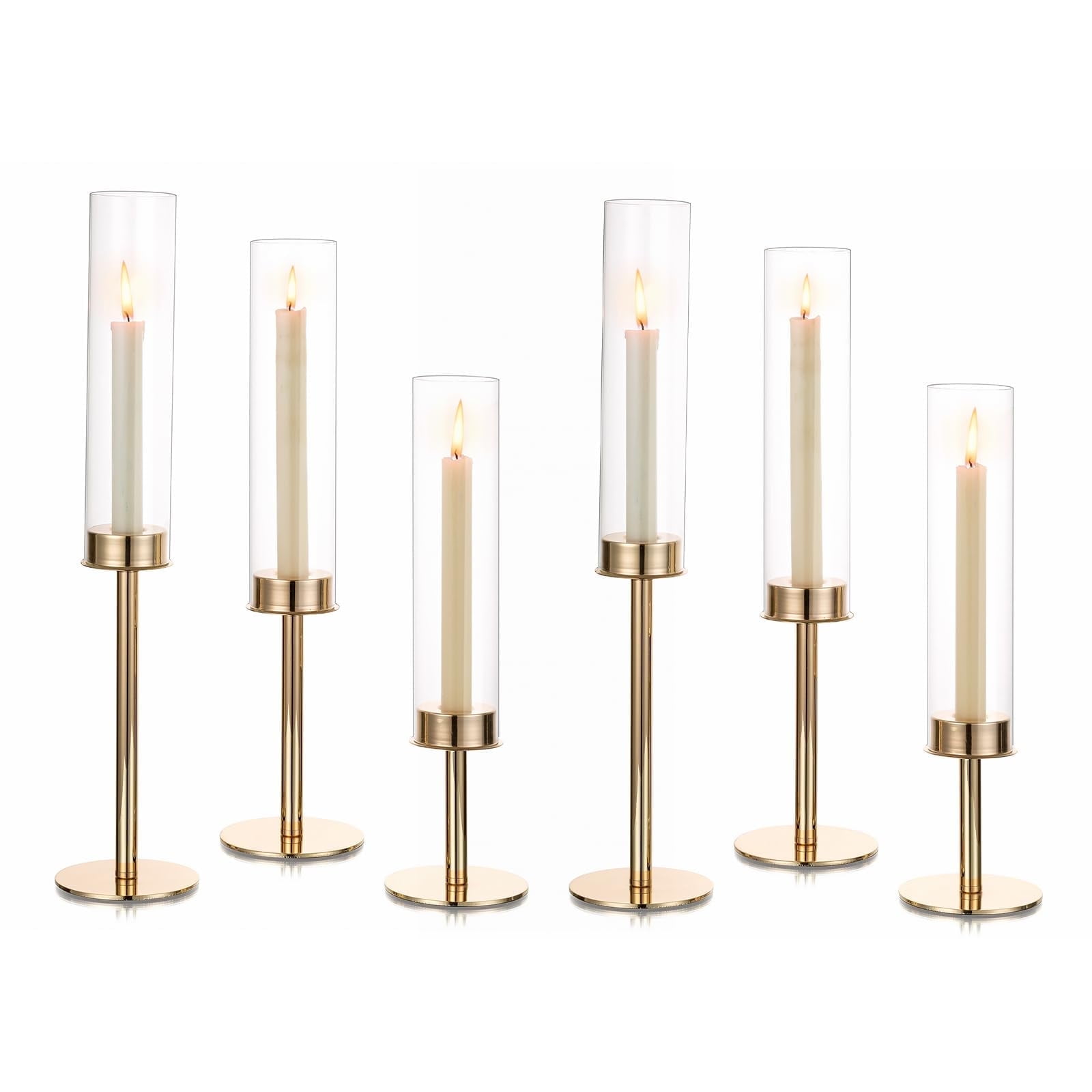 Nuptio Open End Cylinder Glass Hurricane Candle Holders， Tall Gold Brass Candlestick Holder，Gold Centerpiece for Table Mantel Fireplace， Set of 6