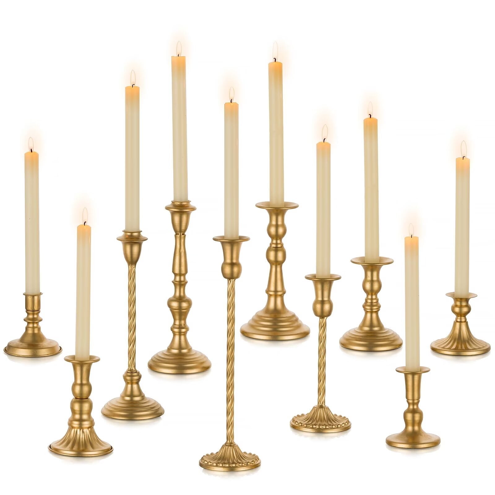 Nuptio Set of 10 Gold Candlestick Holders, Tall Vintage Metal Taper Candle Holders for Dinning Table Centerpiece Mantel Decoration