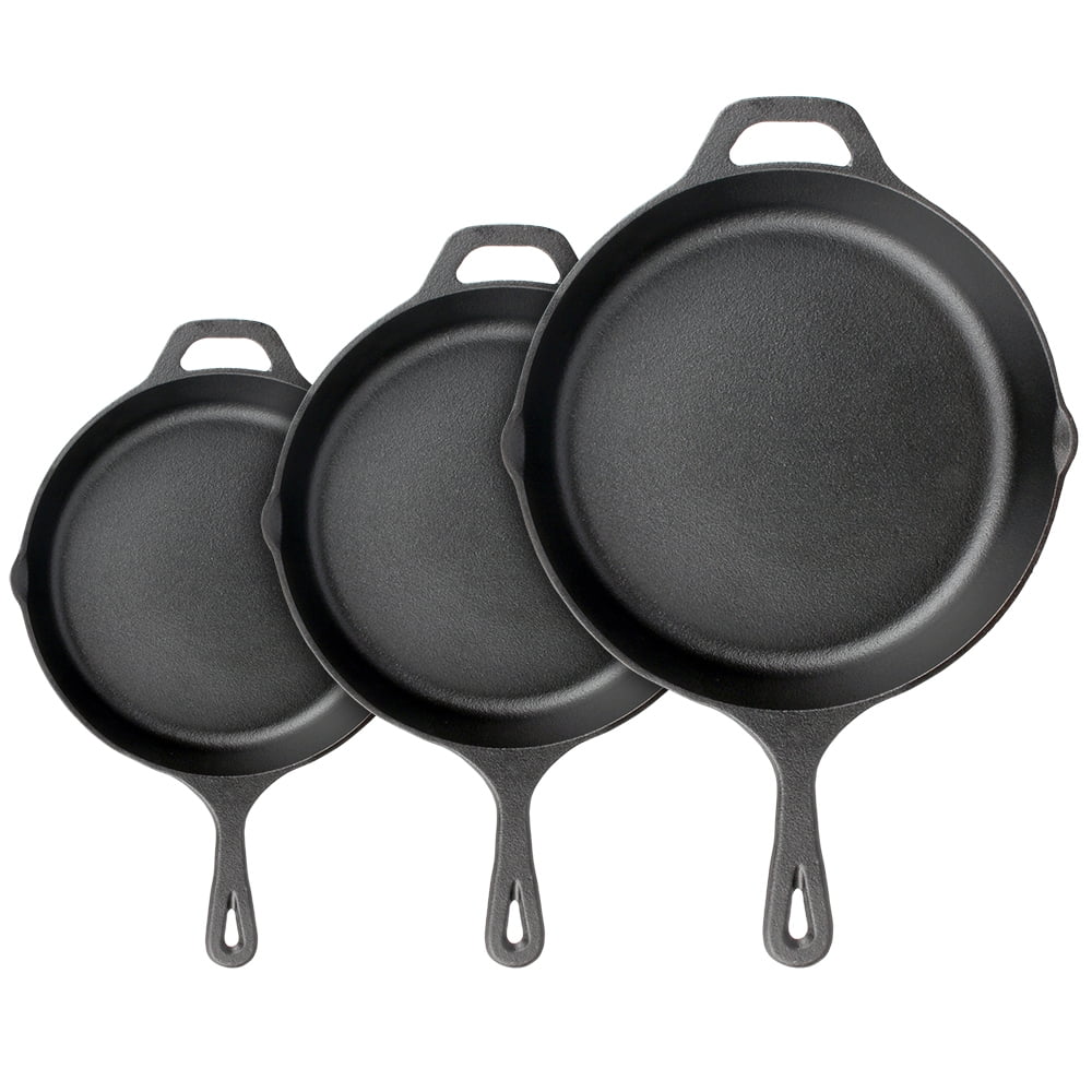 NutriChef Non Stick Pre Seasoned Cast Iron Skillet Frying Pan, 3 Piece Set