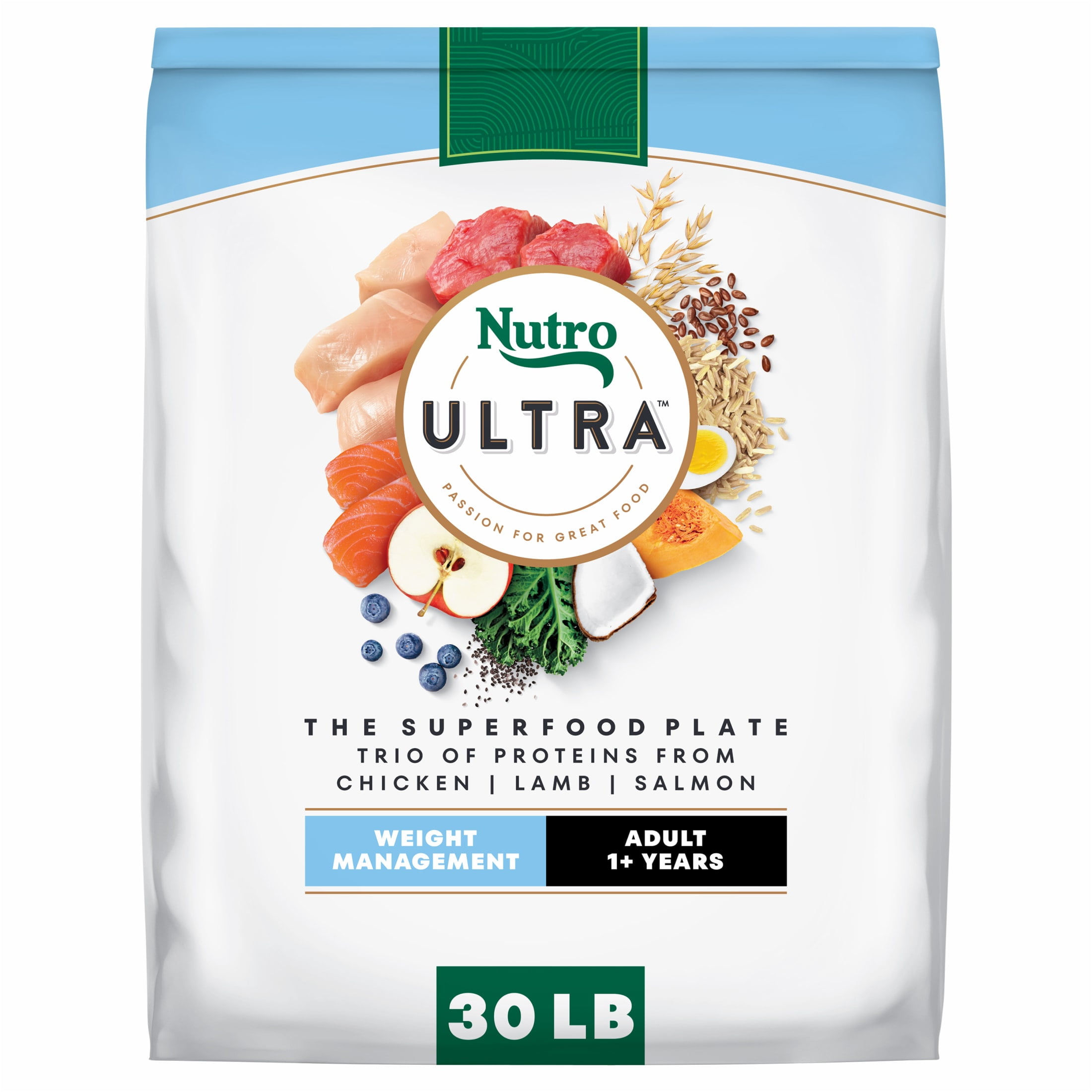 Nutro Ultra Adult Weight Management Dry Dog Food, Chicken, Lamb and Salmon Protein Trio, 30 lb Bag