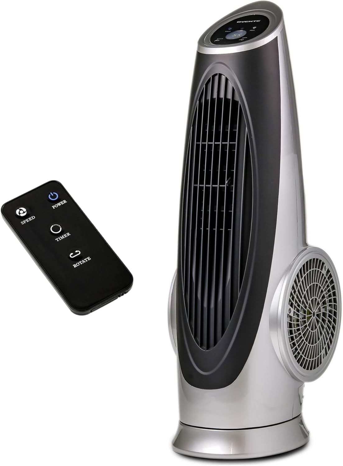 Ovente Oscillating Tower Remote Control, 3-Speed LCD Panel & 8H Timer, 30.5" Quiet & Bladeless Indoor Standing Floor Fan, Blows Cold Air for Home, Bedroom, Living Room or Office, Silver TF88S