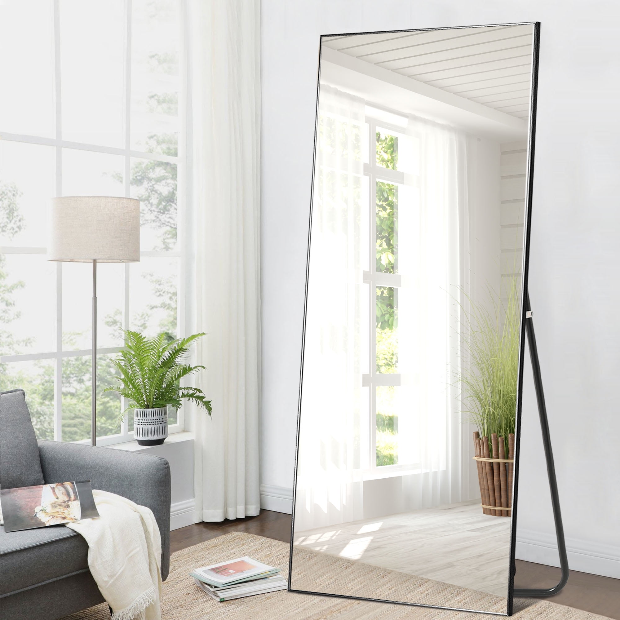 Oversized Floor Mirror Full Length Mirror with Stand Large Wall Mounted Mirror Aluminum Alloy Frame (Black, 71" x 32")