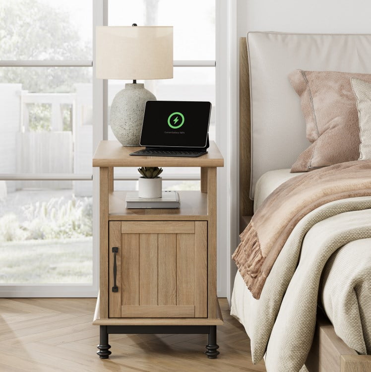 Oak End Table Bedside Table with Charging Station & Cabinet for Bedroom, Side Table for Living Room, 23.6 inches