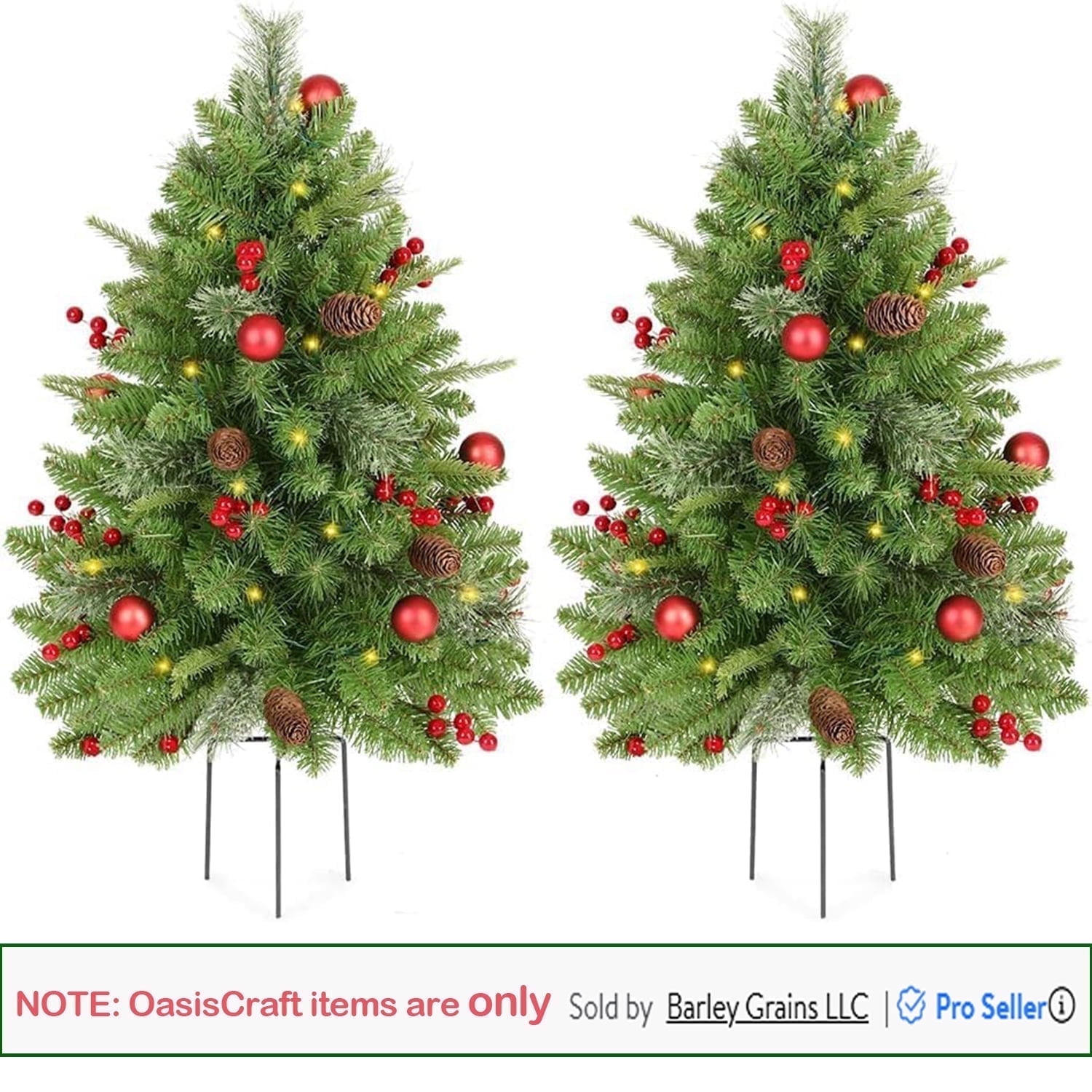 OasisCraft 3ft Pre-Lit Christmas Tree Set of 2, LED Porch Decorations, 260 Branch Tips Lush, Pine Cones
