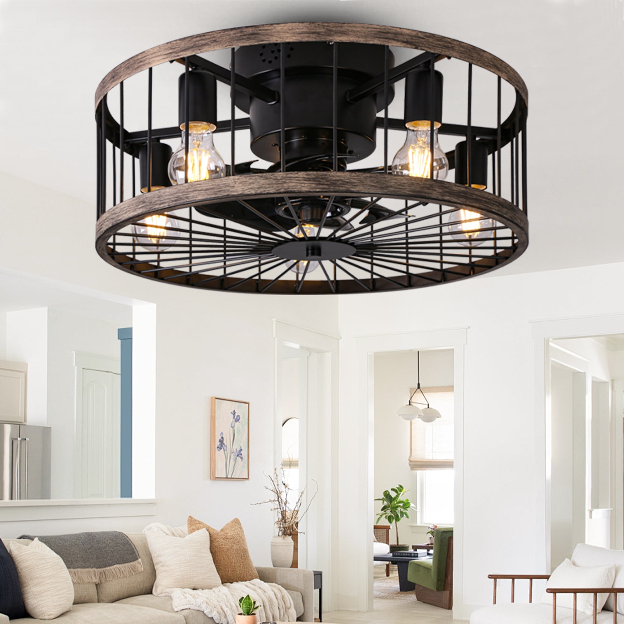 Ohniyou 20" Caged Ceiling Fans with Lights and Remote,Farmhouse Ceiling Fan Flush Mount Wood Color Edge for Home Bedroom Kitchen Outdoor