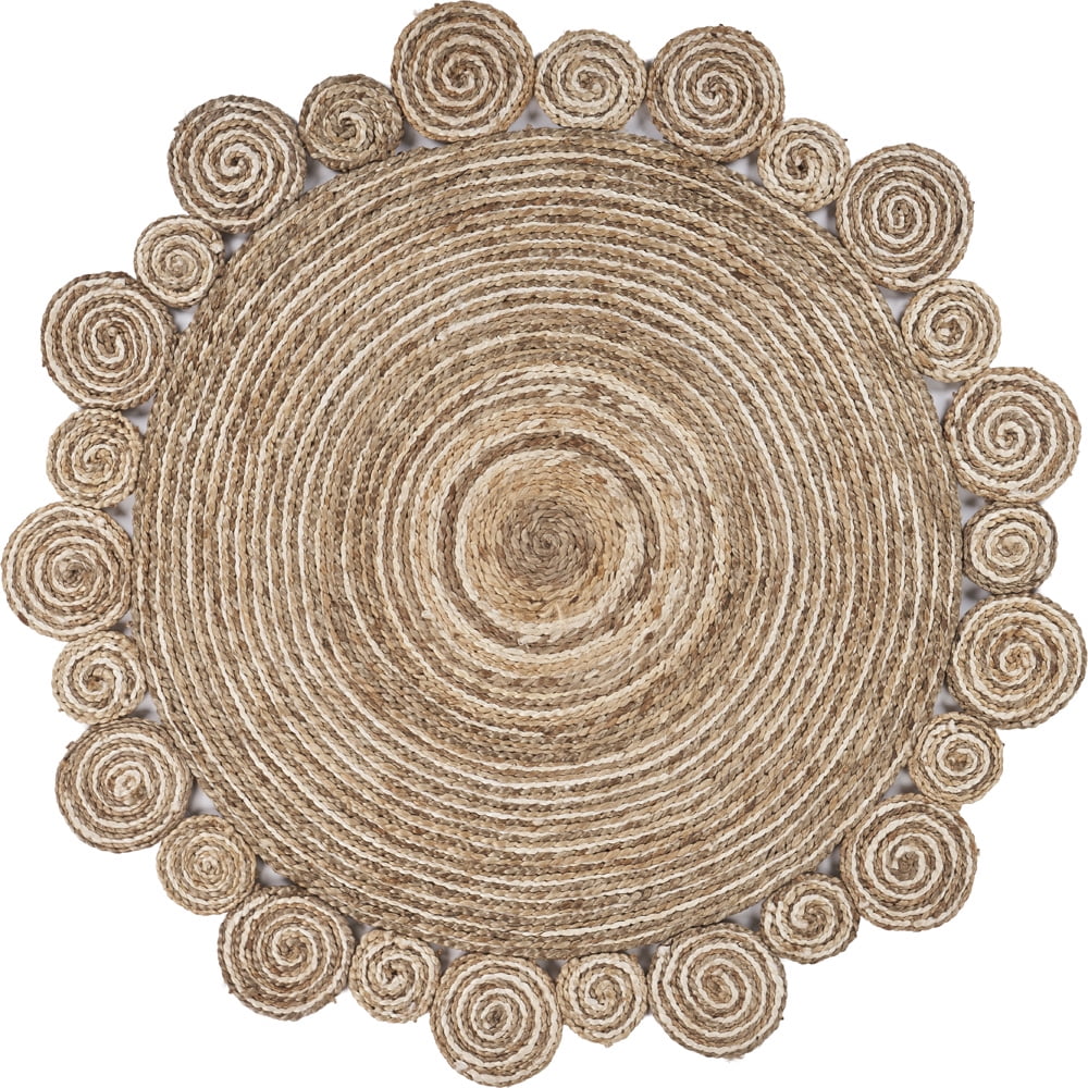 Ox Bay Cora 4' Round Beige and Brown Braided Circles Jute Indoor Area Rug