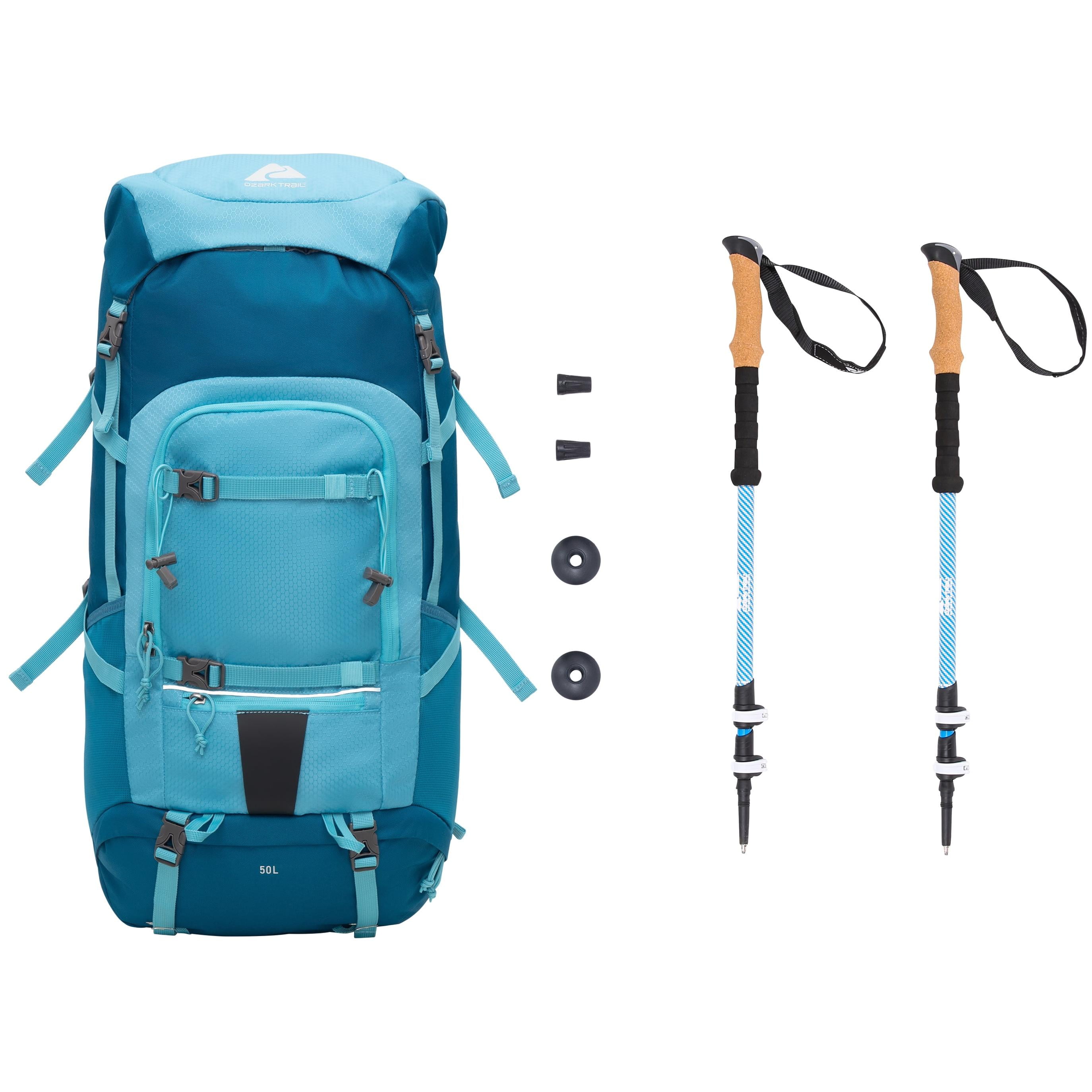 Ozark Trail 50L Hiking Backpack with Durable Fabric and Multiple Pock,Adult + Ozark Trail Lightweight Carbon Fiber Adjustable Quick Lock Trekking Poles with Cork Grip - 2 Pack