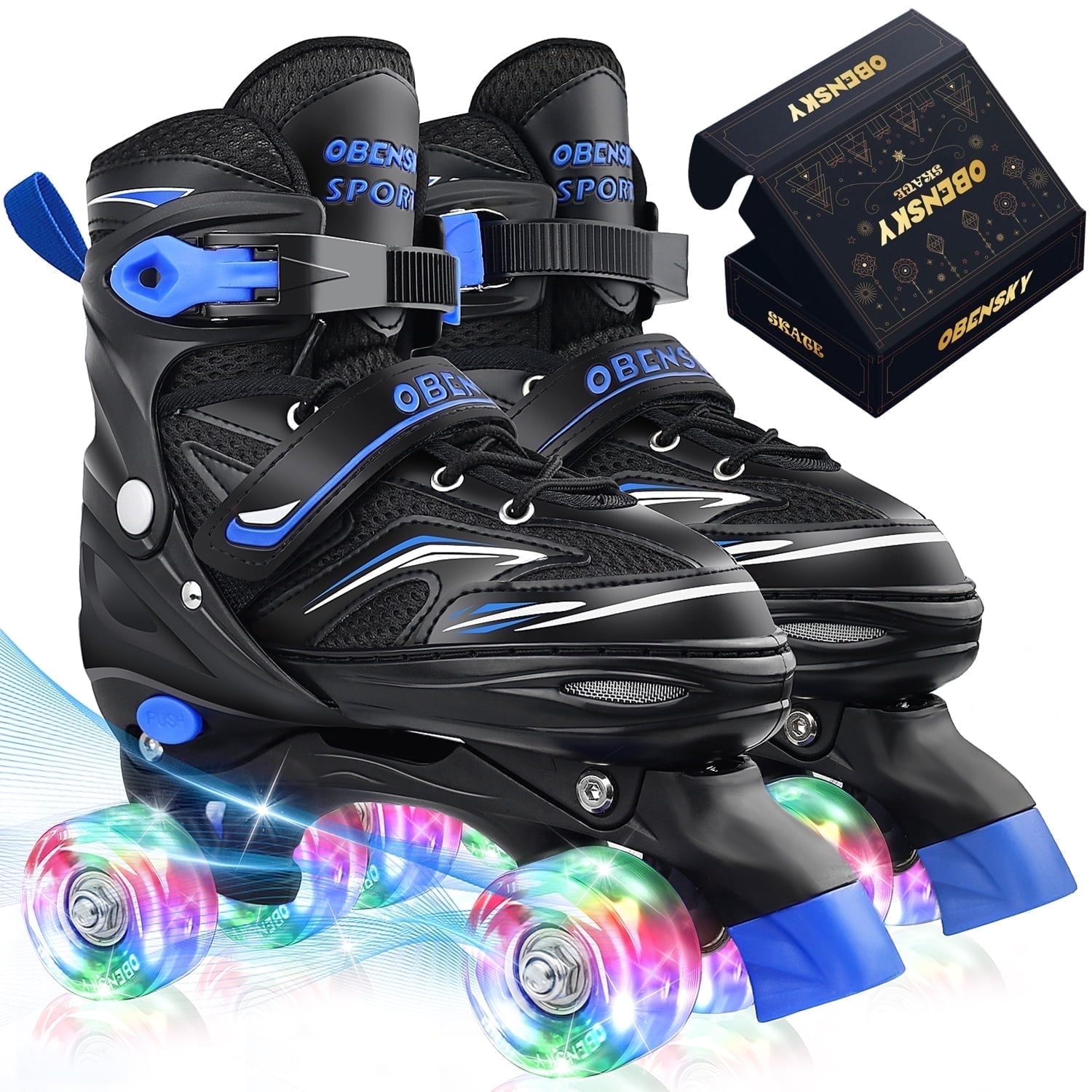 OBENSKY Roller Skates, 4 Size Adjustable for Girls & Boys w/ Light up Wheels-Blue/Pink