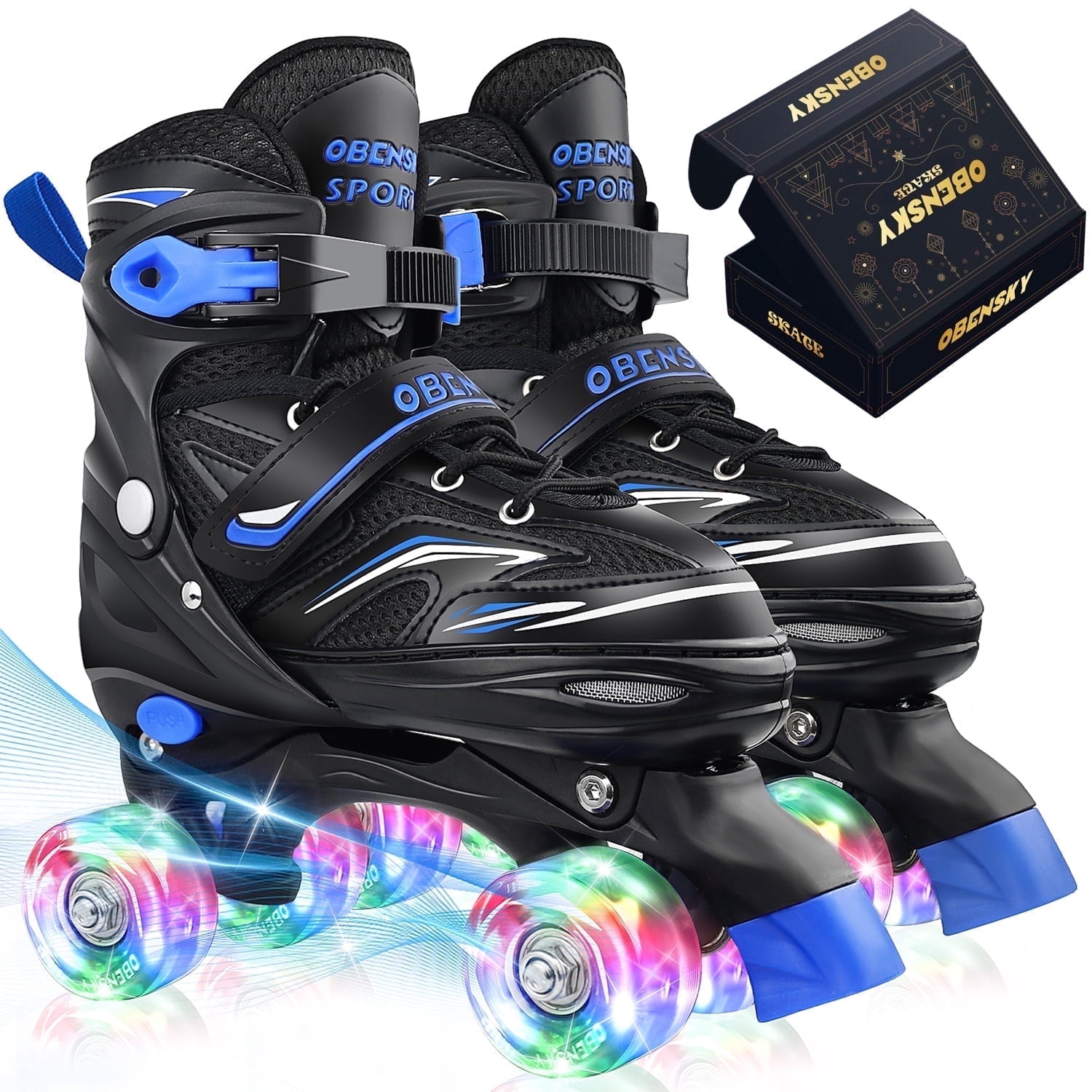 OBENSKY Roller Skates, 4 Size Adjustable for Girls & Boys w/ Light up Wheels-Blue/Pink