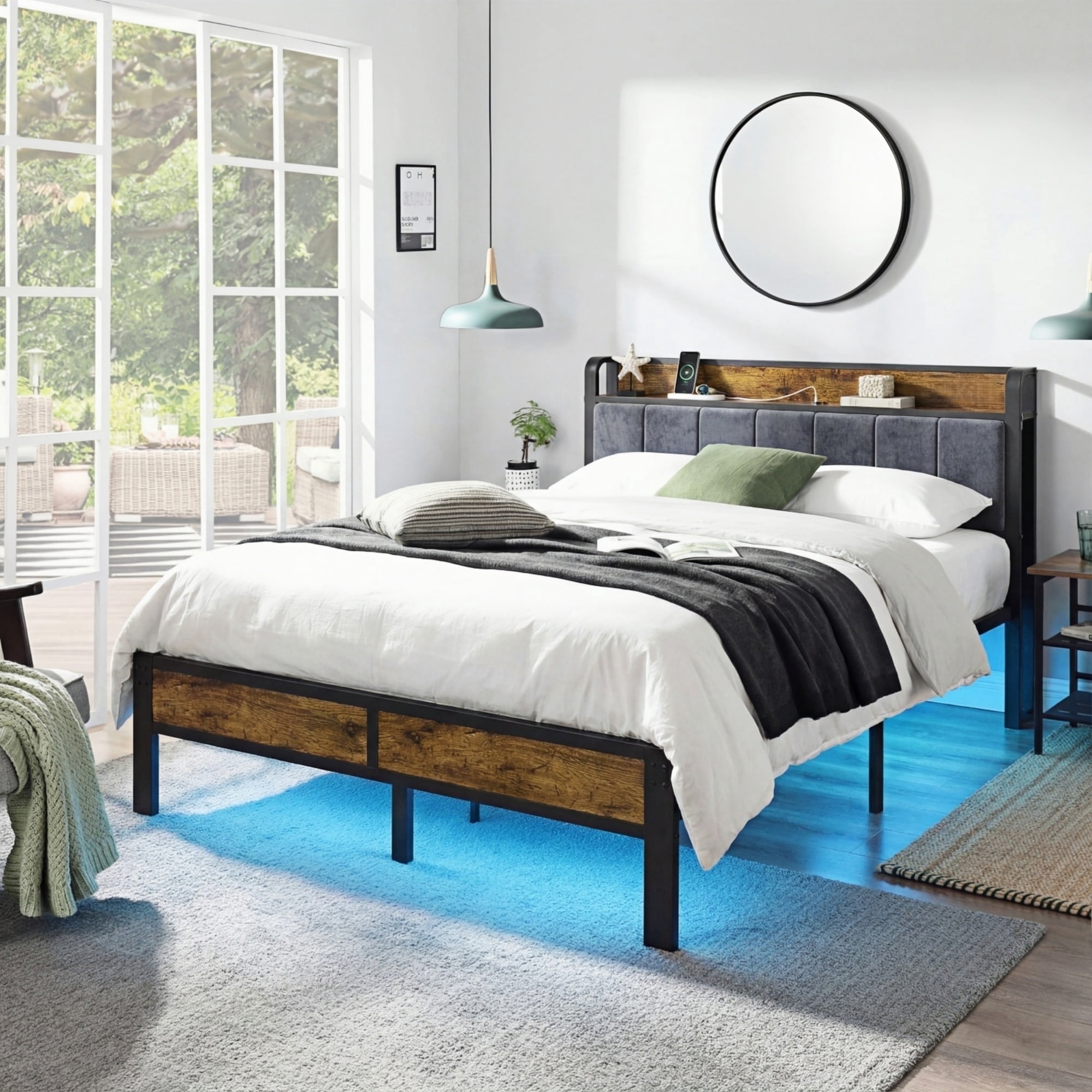 Dayago Queen Size Bed Frame with Upholstered, LED Light, Platform Bed with Charging Station, No Box Spring Required