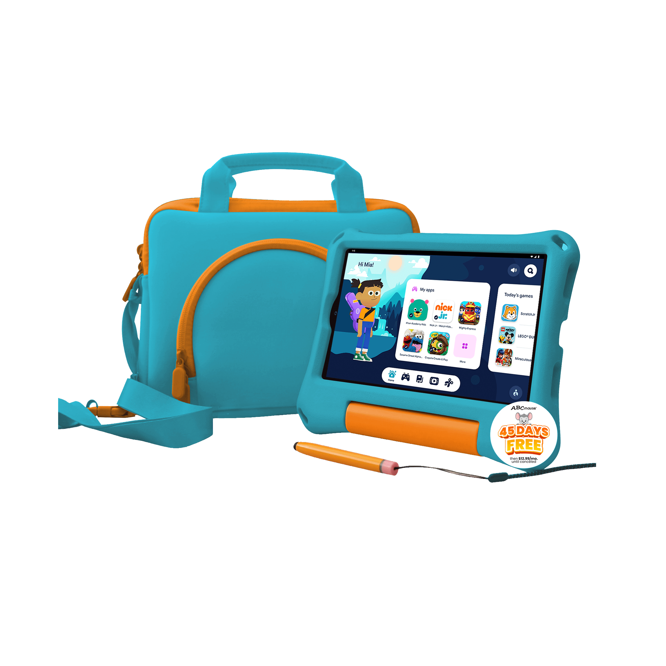 onn 8" Kids Tablet Bundle, Aqua (2024 Model) with Bonus Storage Bag, Screen Protector, Stylus, and Shoulder Strap