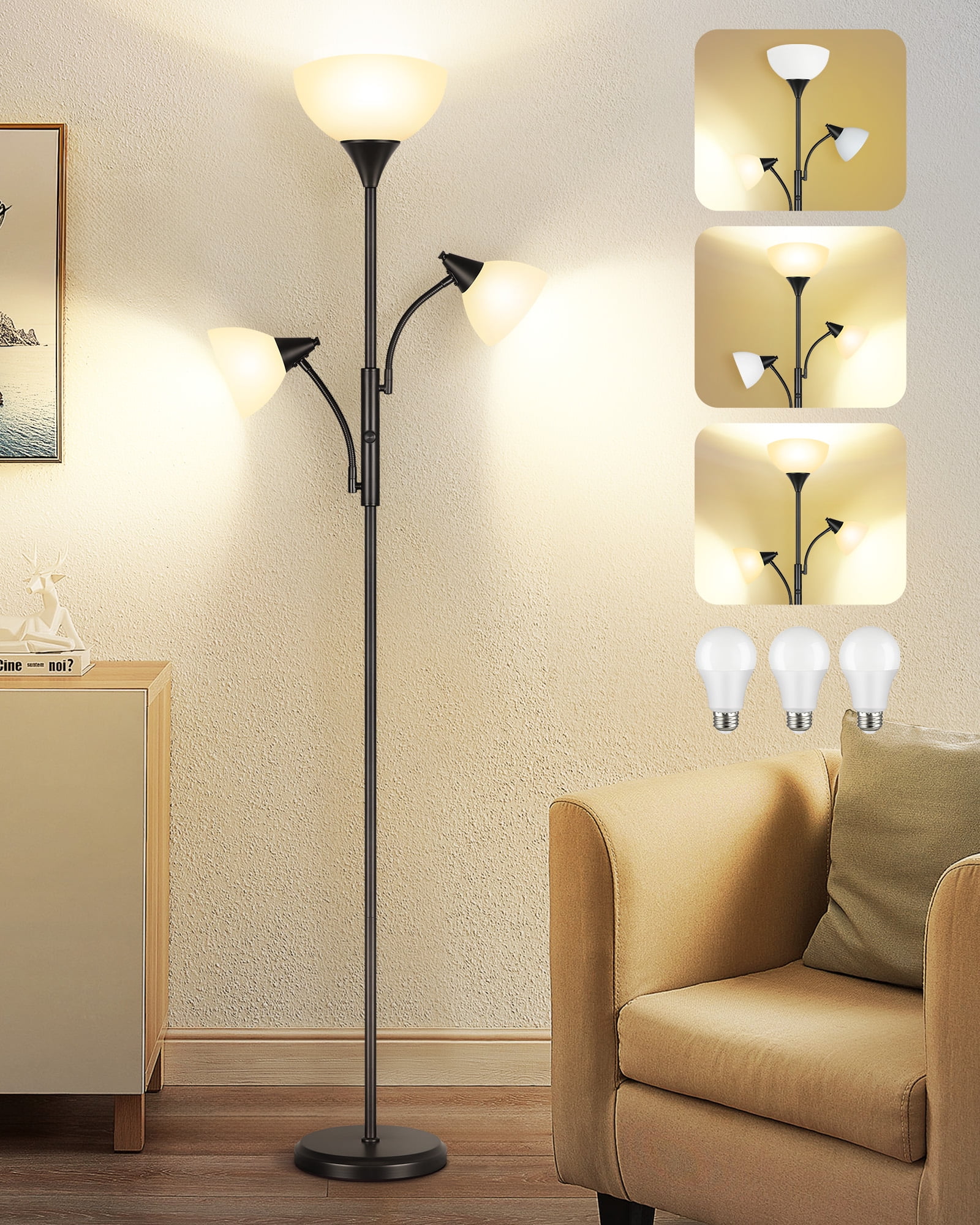 OUTON Torchiere Floor Lamp with Reading Light for Living Room, LED Standing Lampwith Remote Control for Bedroom, Modern Tall Reading Light, Black