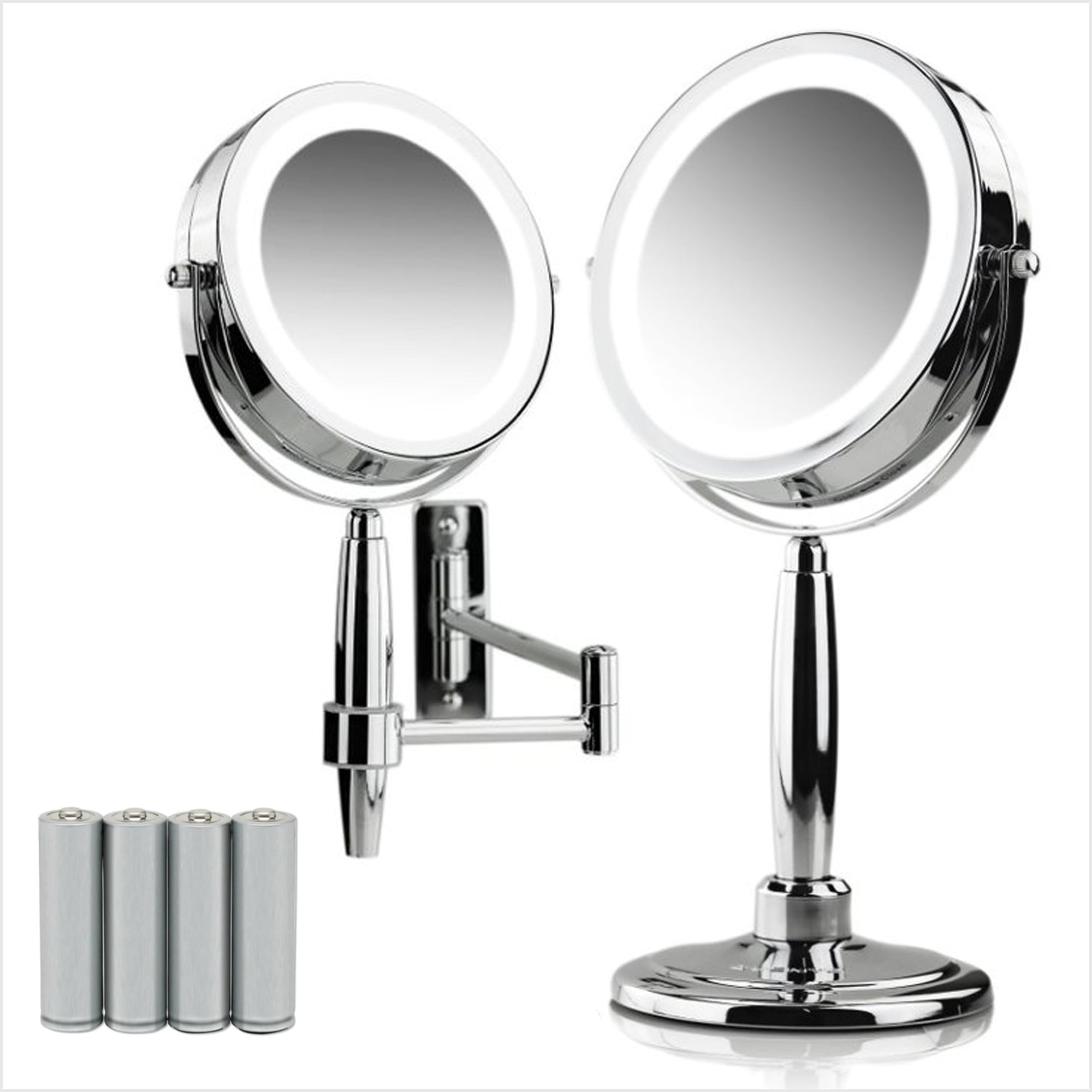 OVENTE 7'' Hand Mirror, 1X 8X Magnifier, Tabletop & Wall Mount, Three Tone LED Lights, Polished Chrome MFM70CH1X8
