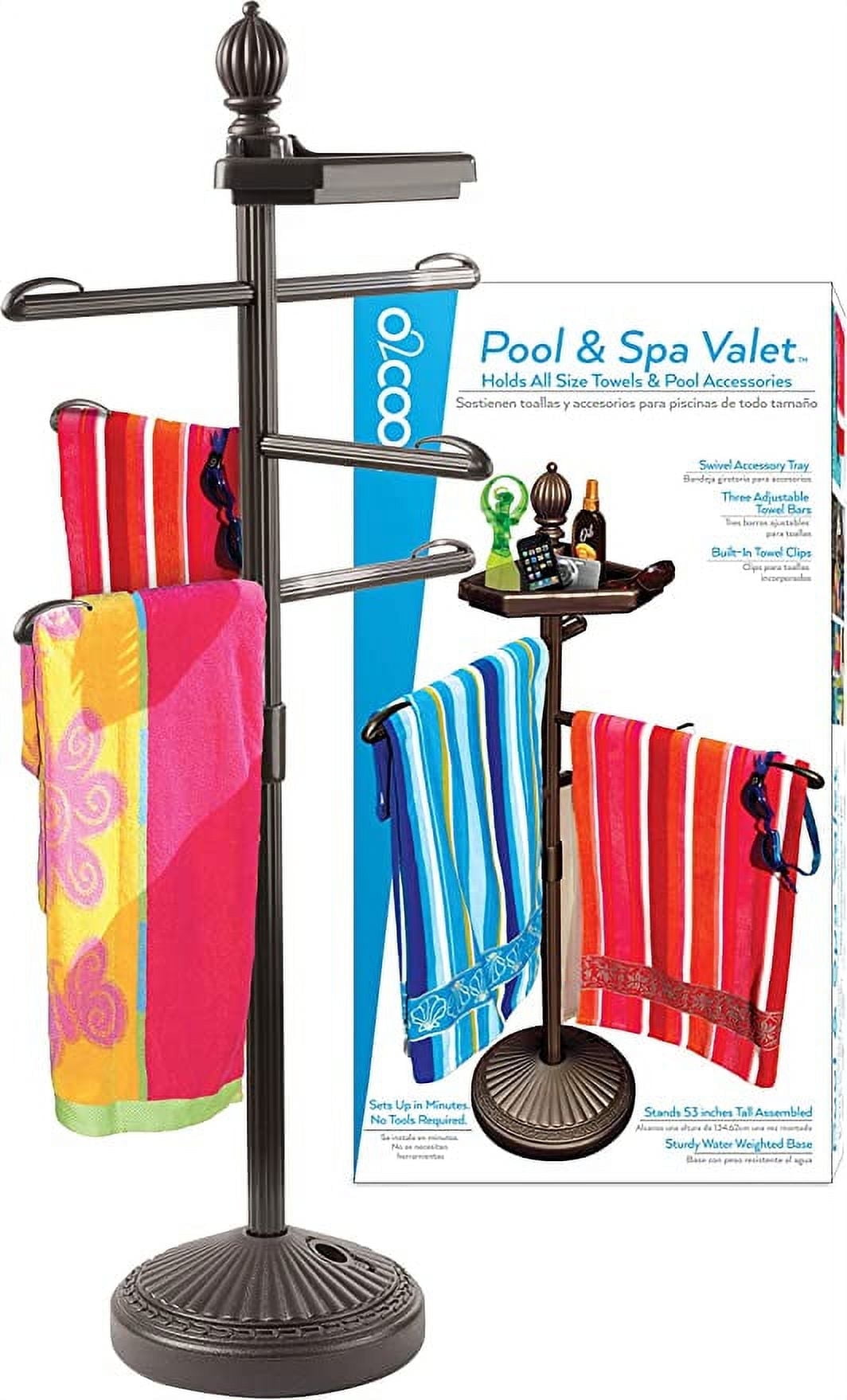O2COOL Bronze Finish Pool & Spa Valet, Adjustable Pool & Patio Towel Rack Stand, Pool Accessories, Weighted Base Outdoor Pool Rack