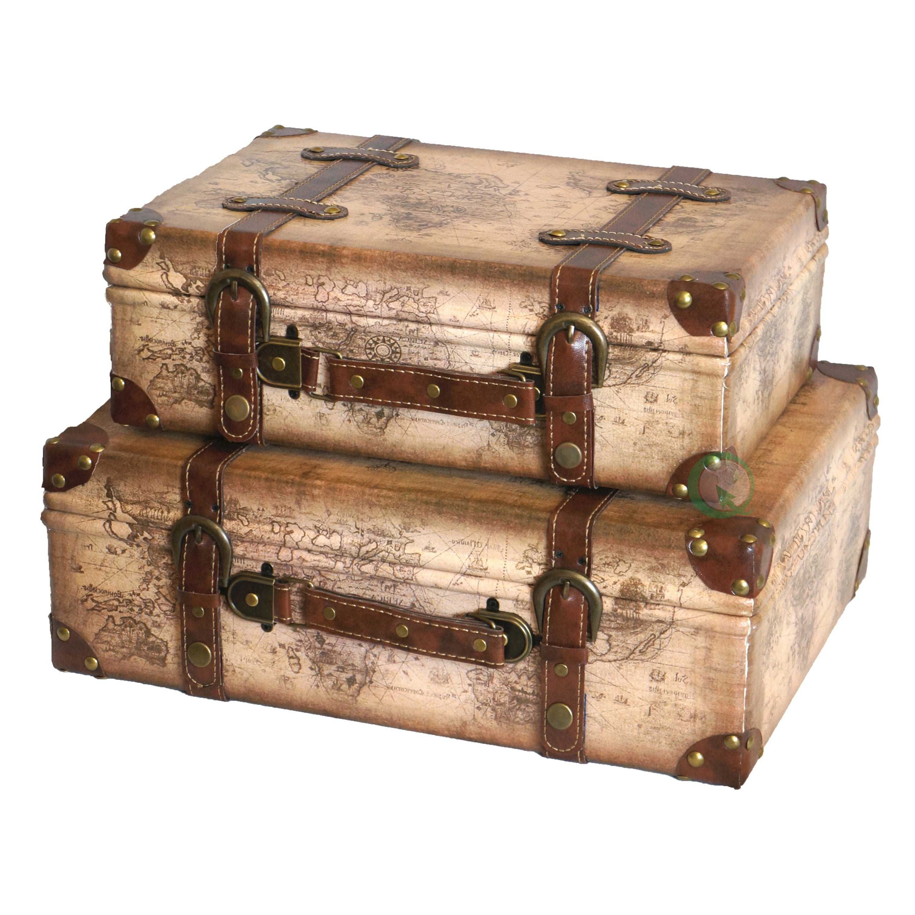 Old World Map Leather Vintage Style Suitcase with Straps, Set of 2