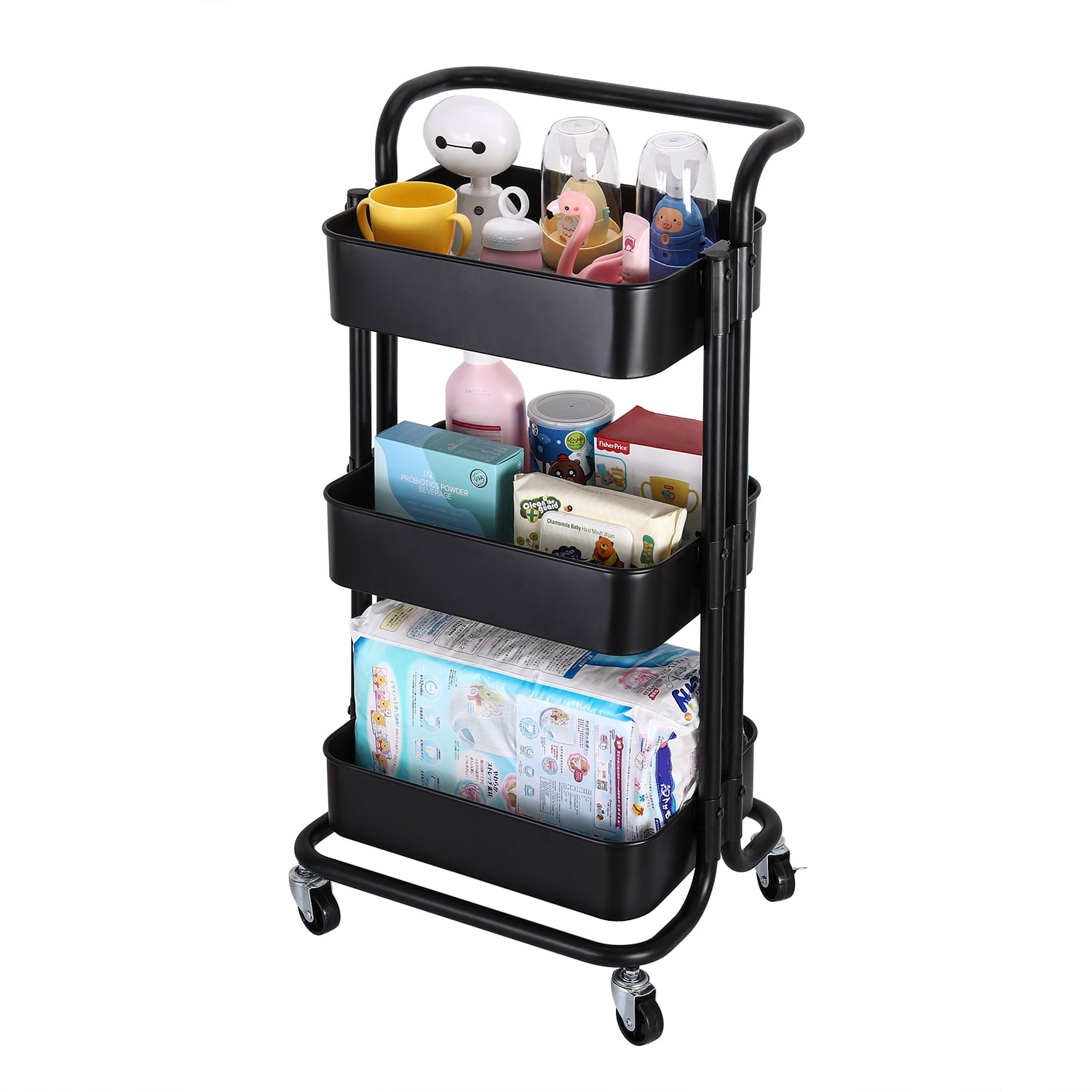 Ollieroo 3-Tier Metal Rolling Utility Cart Multi-function Organizer Shelf Kitchen Organizer Rack Tower Rack with Wheels Trolley Cart, Black