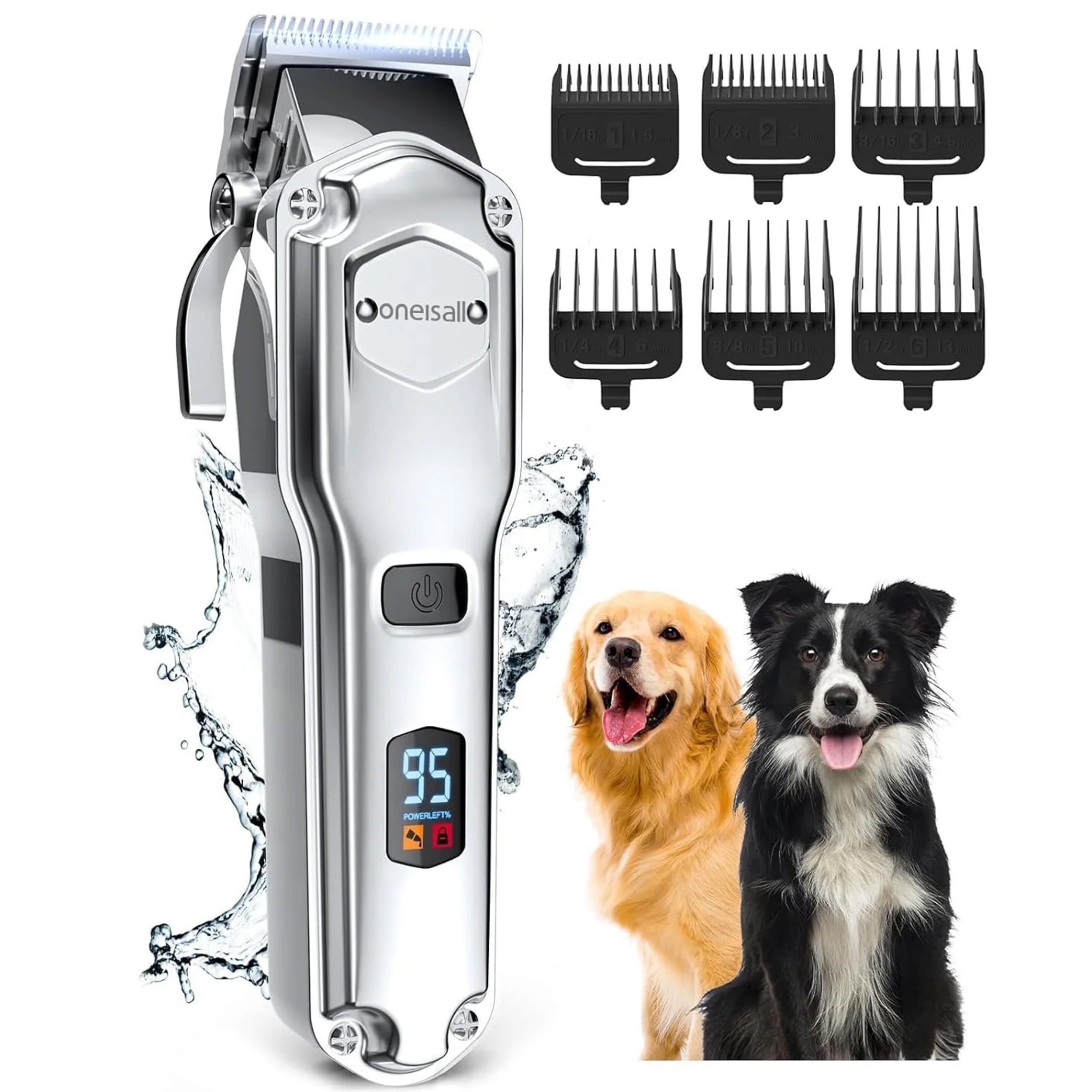 Oneisall RFC-676 Dog Clippers for Grooming, Low Noise 2000mAh Rechargeable Dog Grooming Clippers, Cordless Dog Shaver, IPX7 Waterproof Dog Grooming Kit with 6 Guide Combs