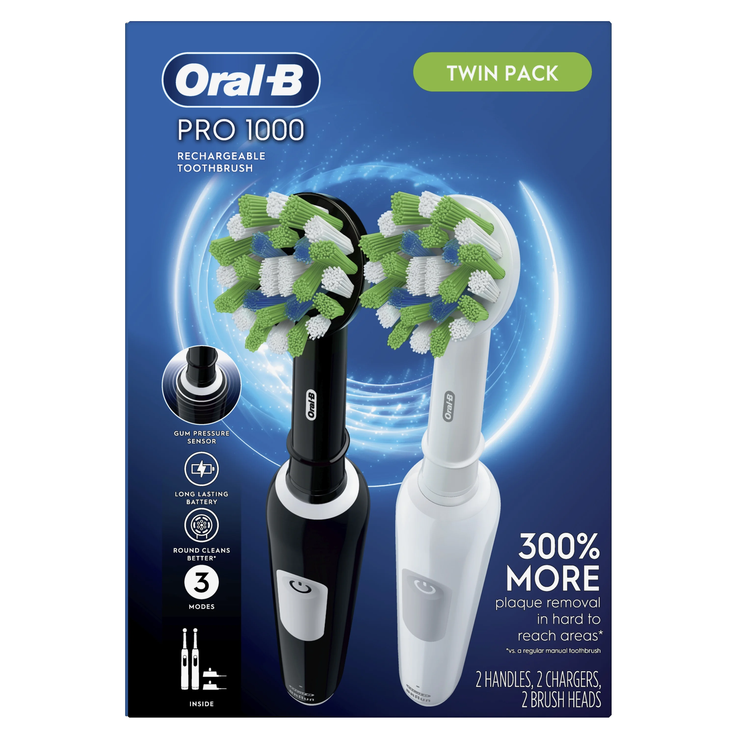 Oral-B Pro 1000 CrossAction Rechargeable Electric Toothbrush Pack, Black and White, 2 Count