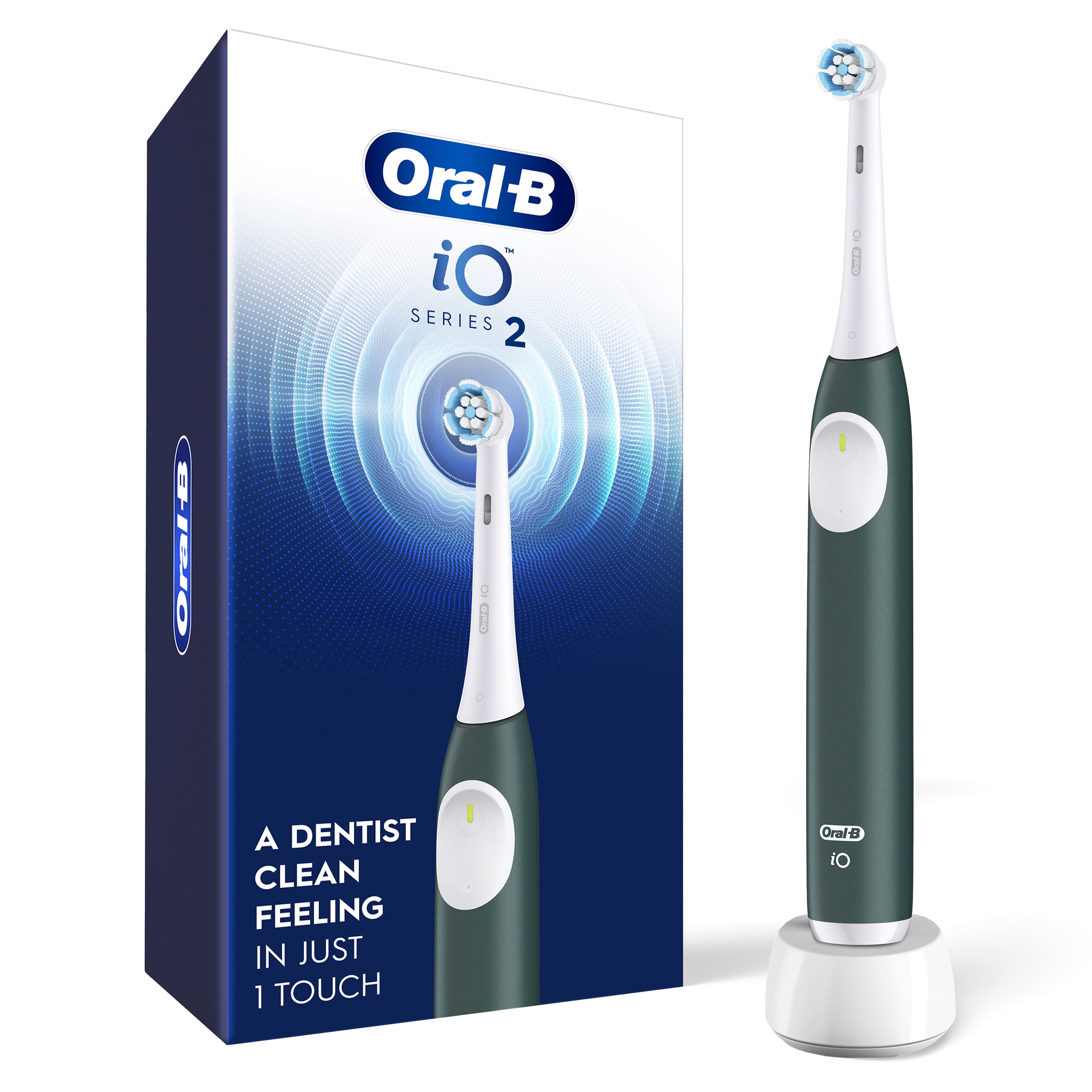 Oral-B iO Series 2 Rechargeable Electric Powered Toothbrush, Forest Green with 1 Gentle Care Brush Head - Automatic Pressure Sensor to Protect Gums - 3 Modes - 2 Min Timer