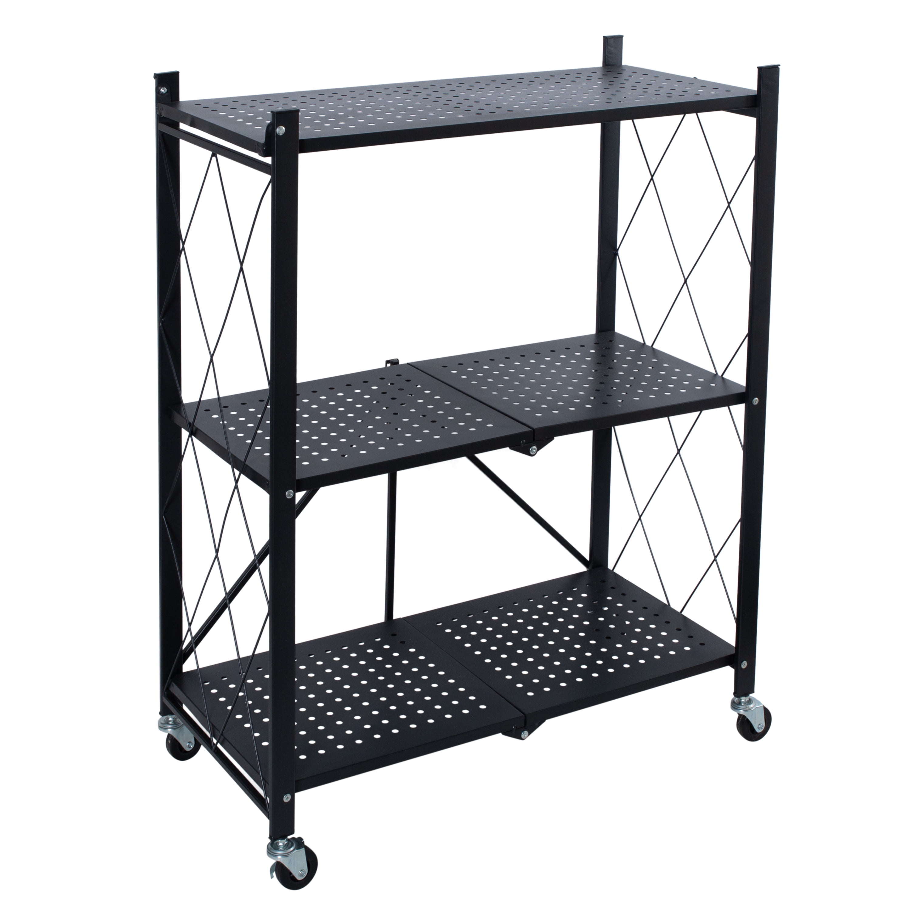 Organize It All 3 Shelf Foldable Metal Storage Shelves, Wheels, Adult, Kitchen, Laundry Room, Black