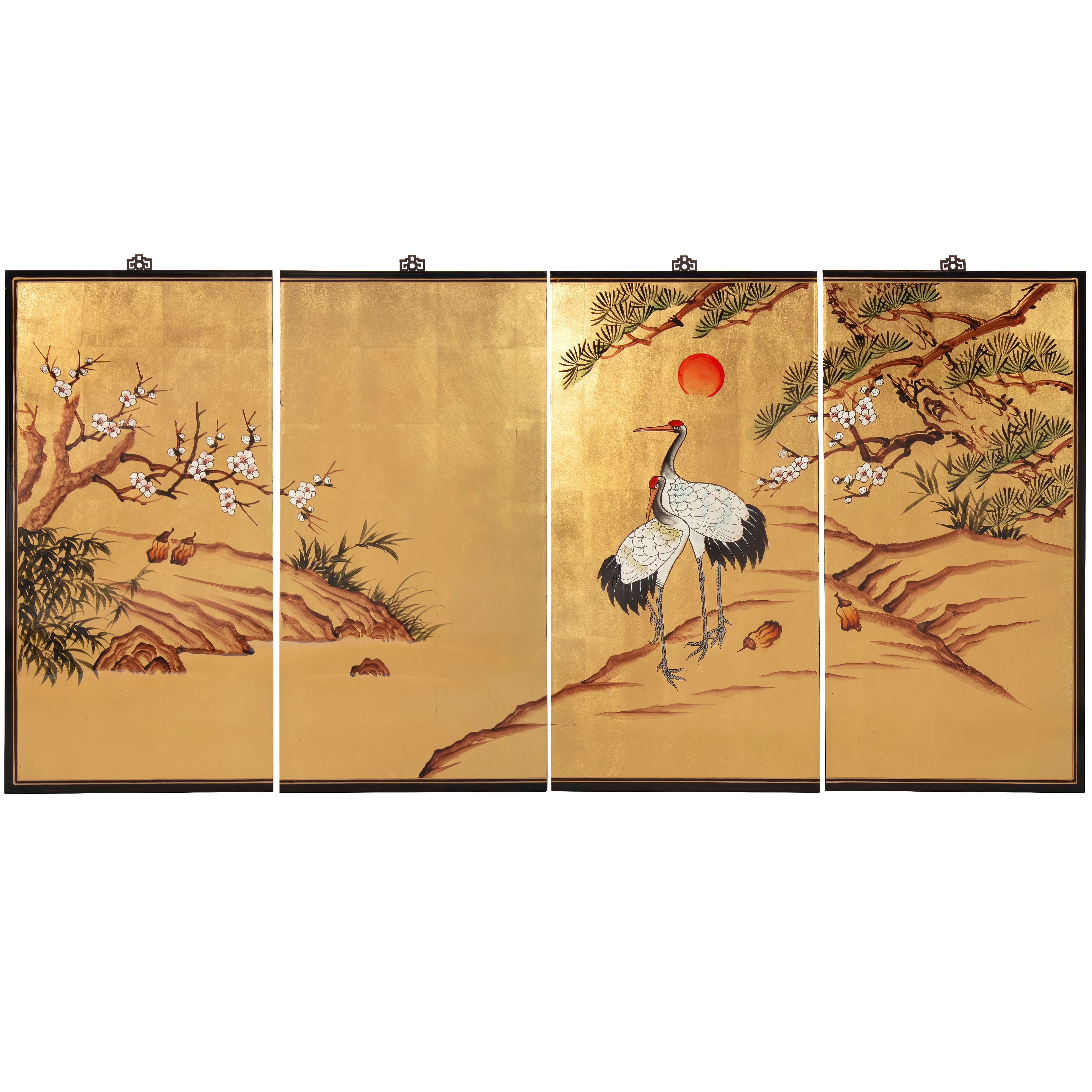 Oriental Furniture Gold Lacquer Wall Plaque - Cranes