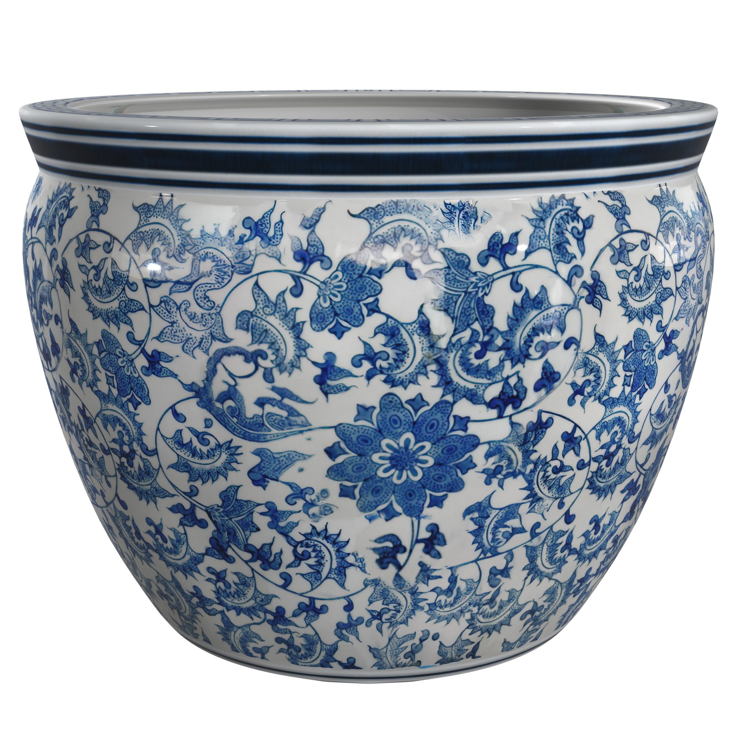 Red Lantern 12" Floral Blue & White Porcelain Fishbowl Planter