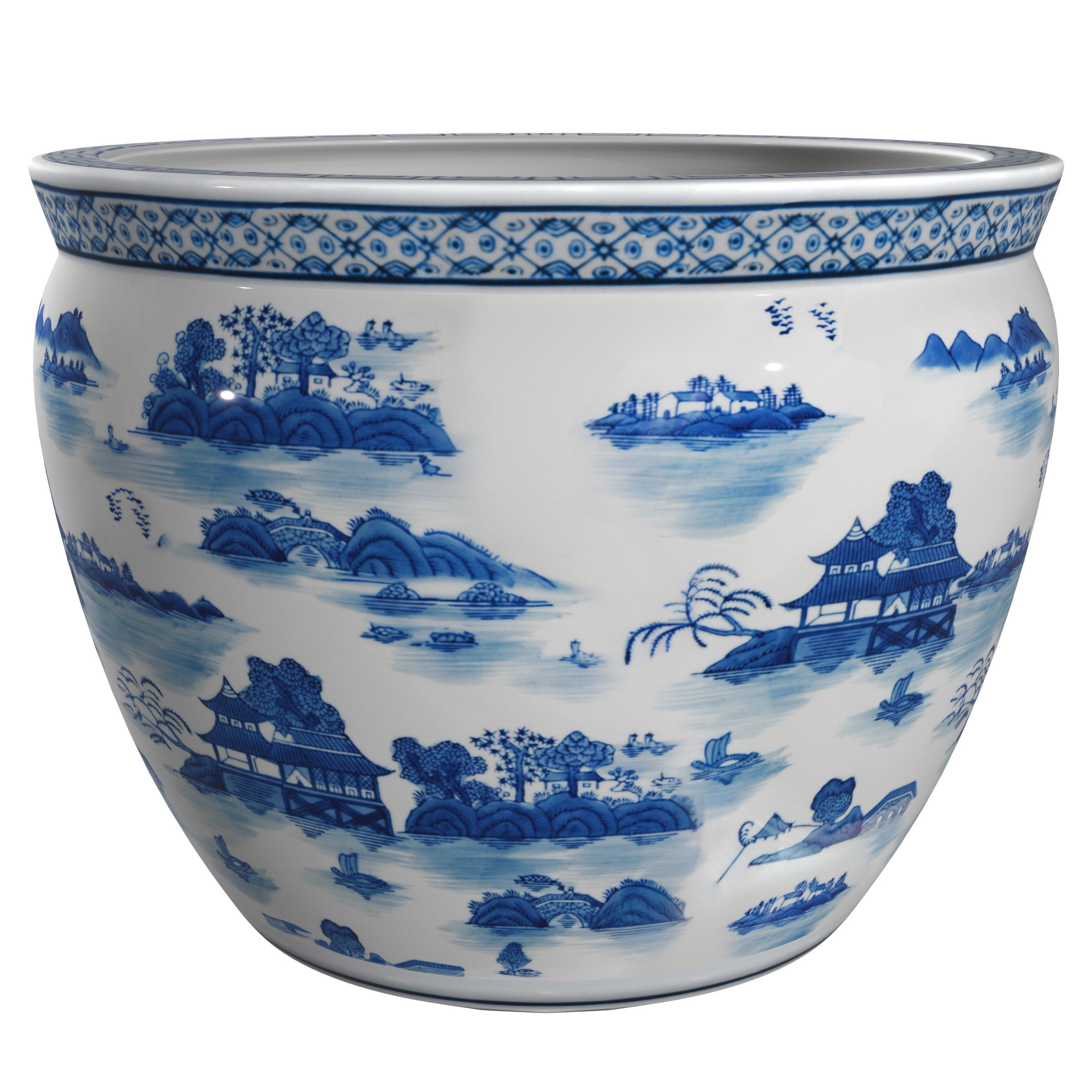 Red Lantern 12" Landscape Blue & White Porcelain Fishbowl Planter