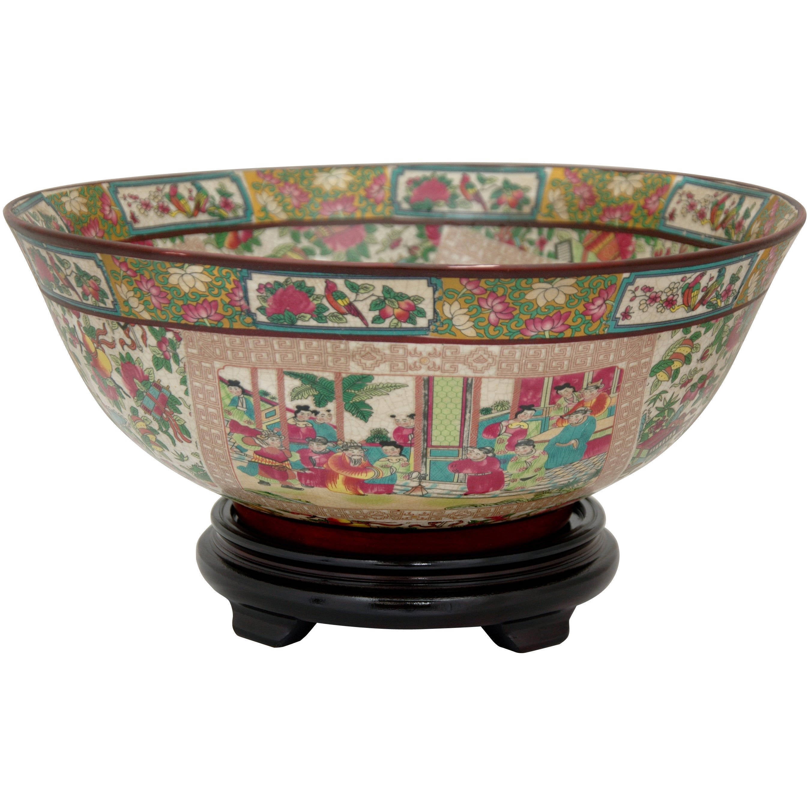 Oriental Furniture 14" Rose Medallion Porcelain Bowl