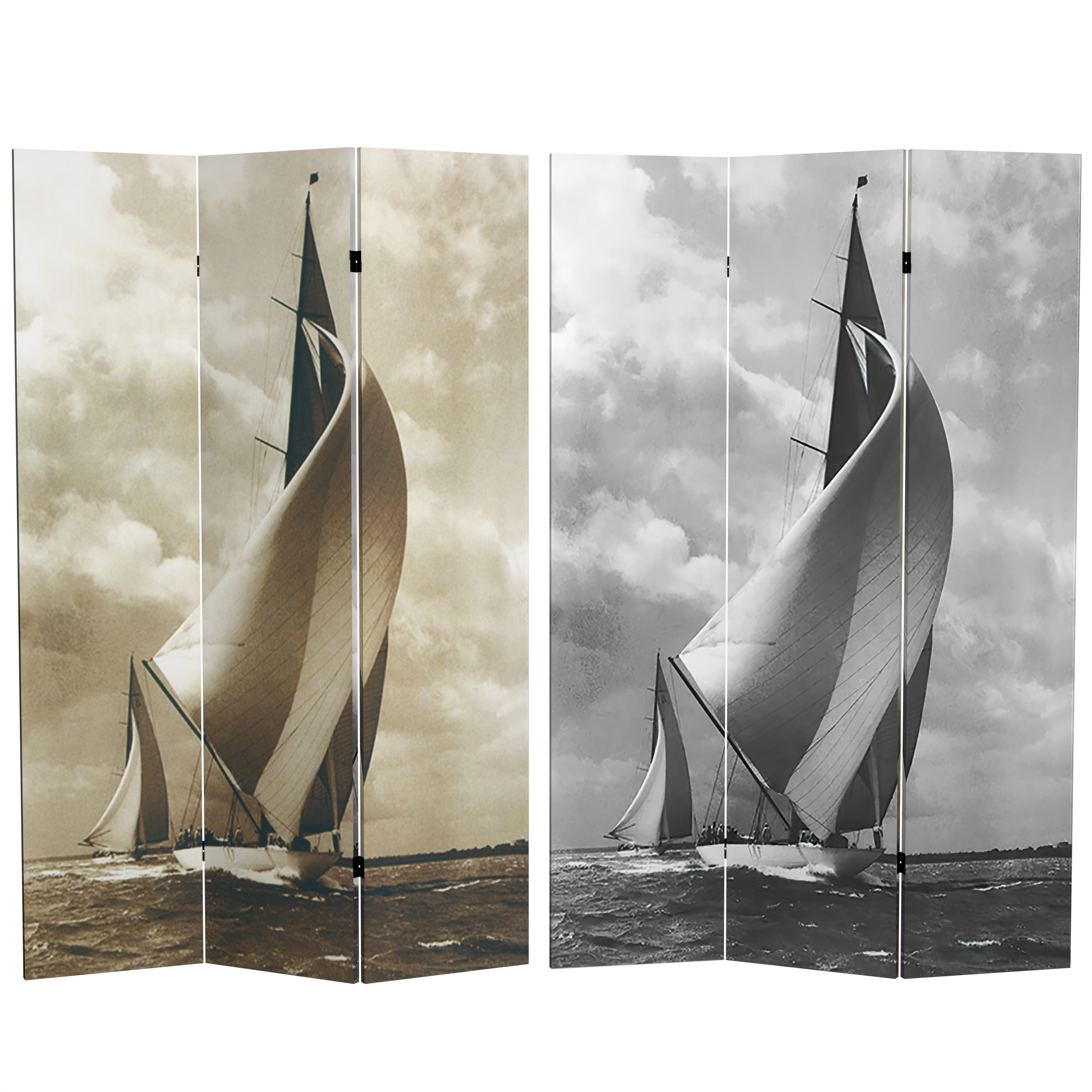 Oriental Furniture 6 ft. Tall Sailboat Double Sided Room Divider - 3 Panel