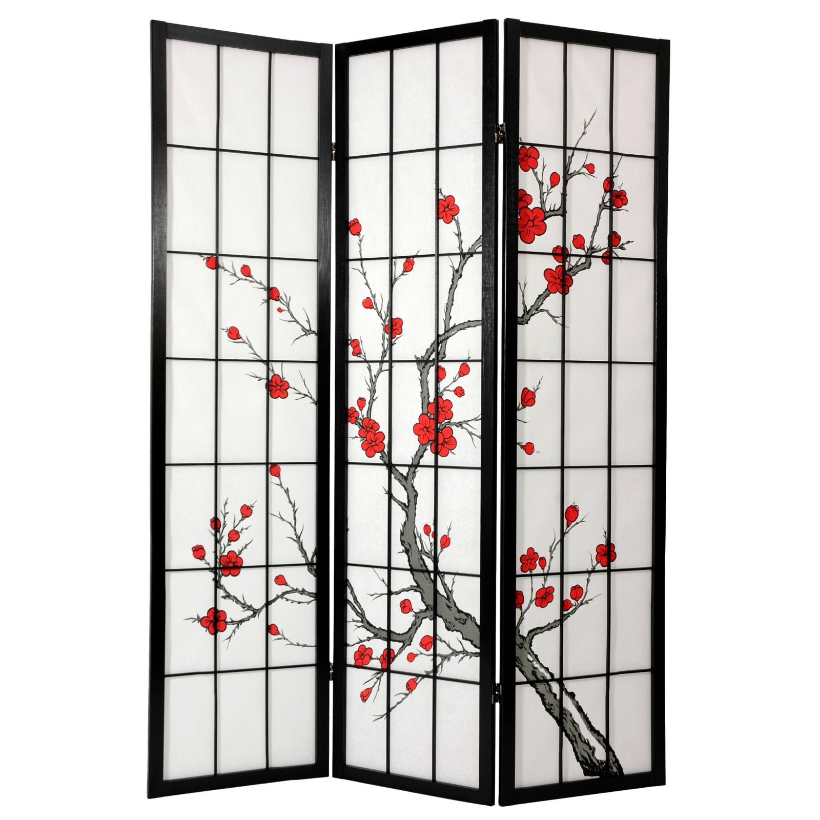 Oriental Furniture 6 Ft Tall Cherry Blossom Shoji Screen, Black, 3 Panels