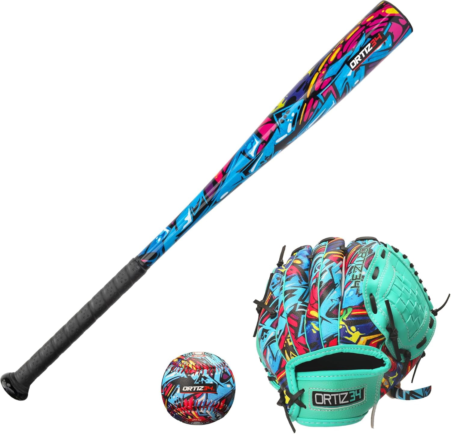 Ortiz34 Youth T-Ball Set, 25" Aluminum Bat (-10 Drop), Foam Core T-Ball, 9" Lightweight Glove, Graffiti Print