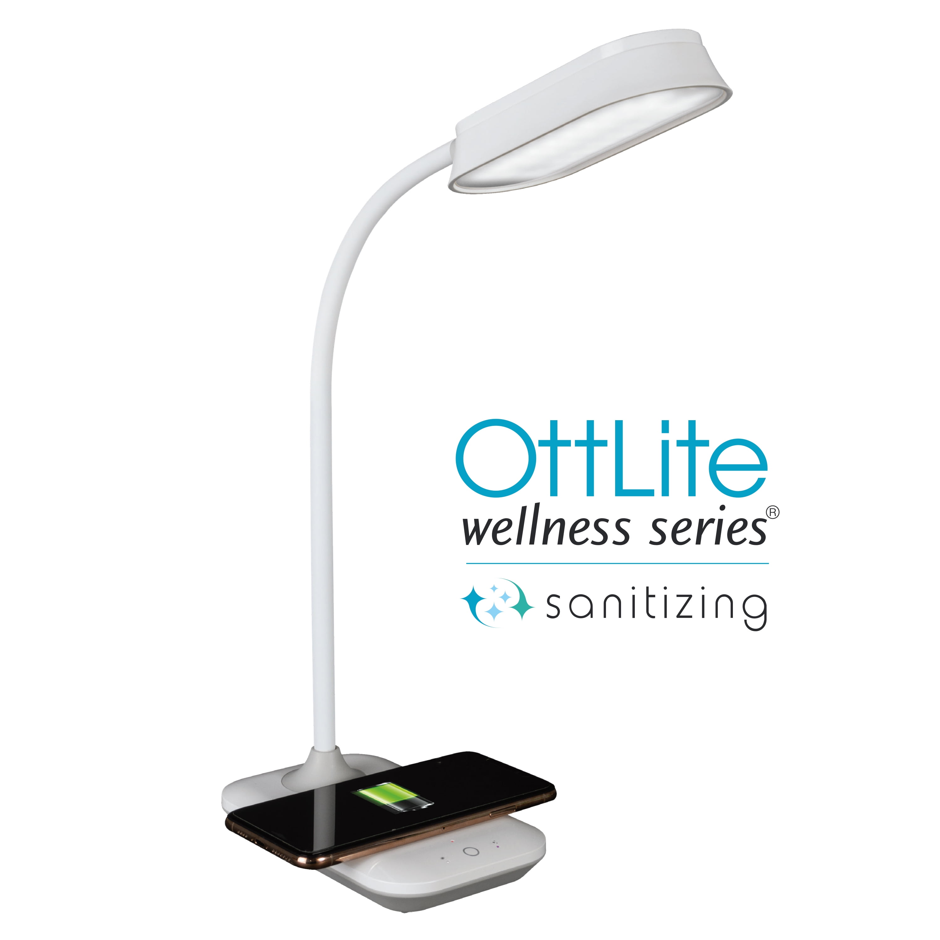 OttLite Achieve LED Sanitizing Desk Lamp with Wireless Charging, White, Modern Light for Reading, Crafting & Office Desktop