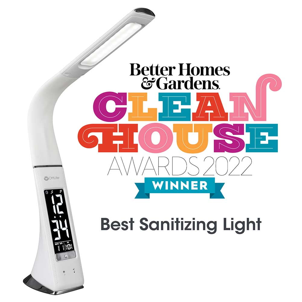 OttLite Modern Adjustable Thrive Lamp LED Sanitizing Desk Lamp with Clock and USB Charging, Polished White, Touch Activated, Flexible Neck, Modern Light for Reading, Crafting & Office