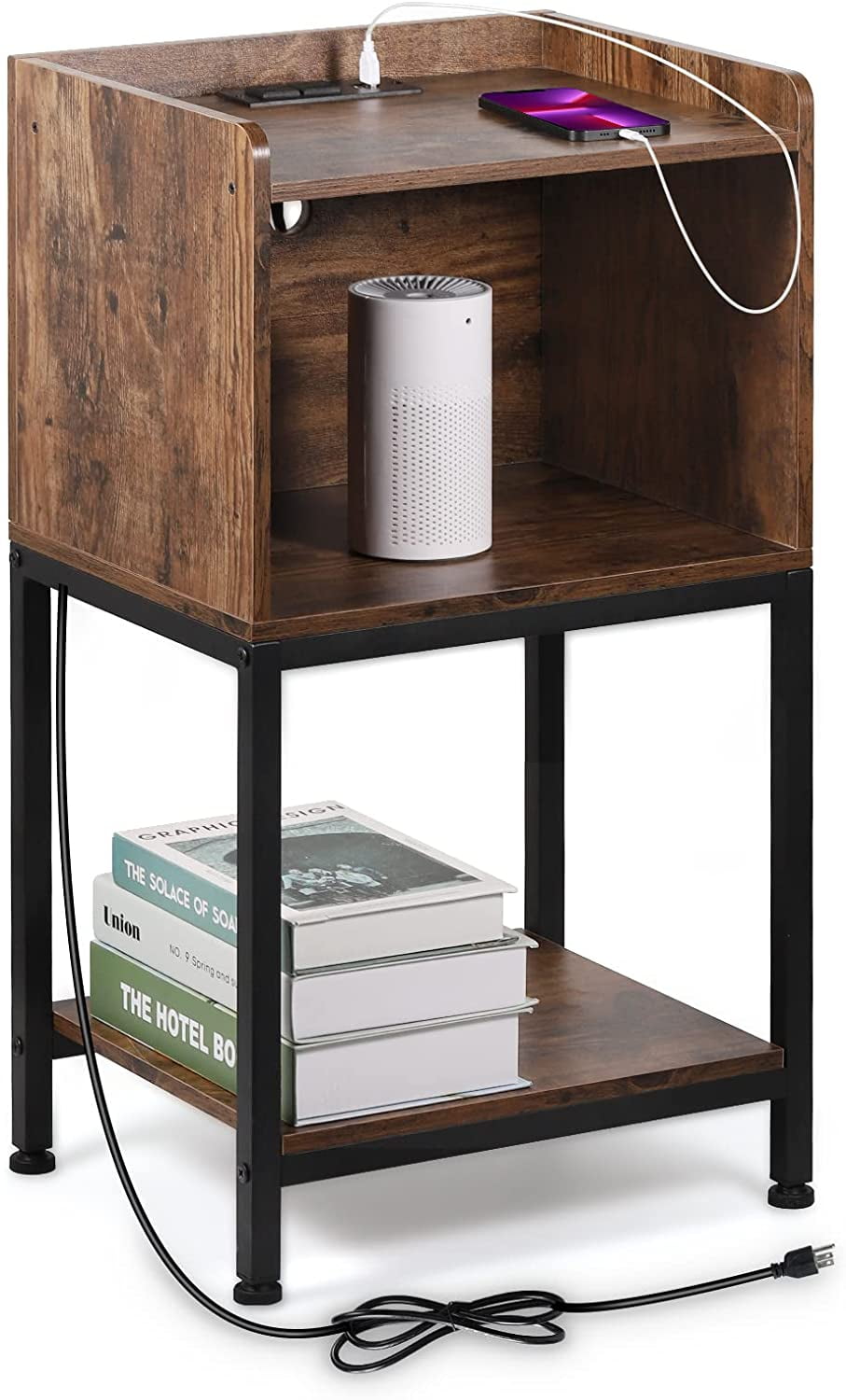 Oumilen Western Home 2 Layers Hidden End Table with Build-In Fast Charging Station with USB Ports in Rustic Burnt Wood