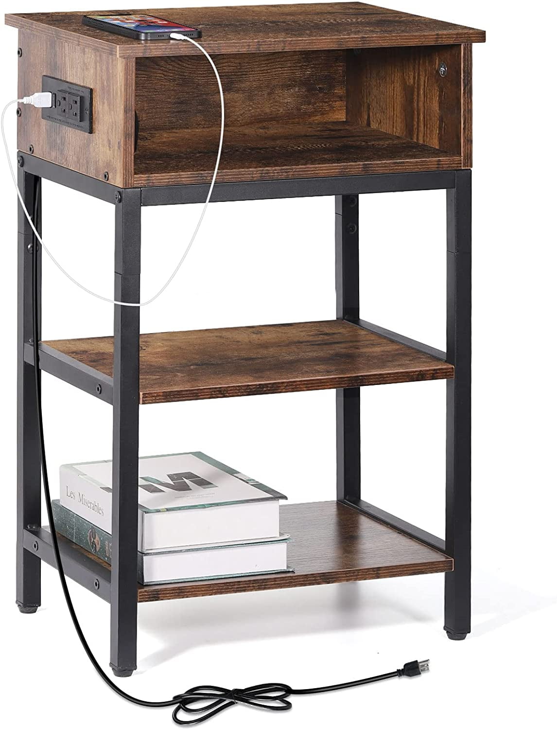 Oumilen Western Home 24.8" End Table 3 Layers with Charging Station, Rustic Burnt Wood