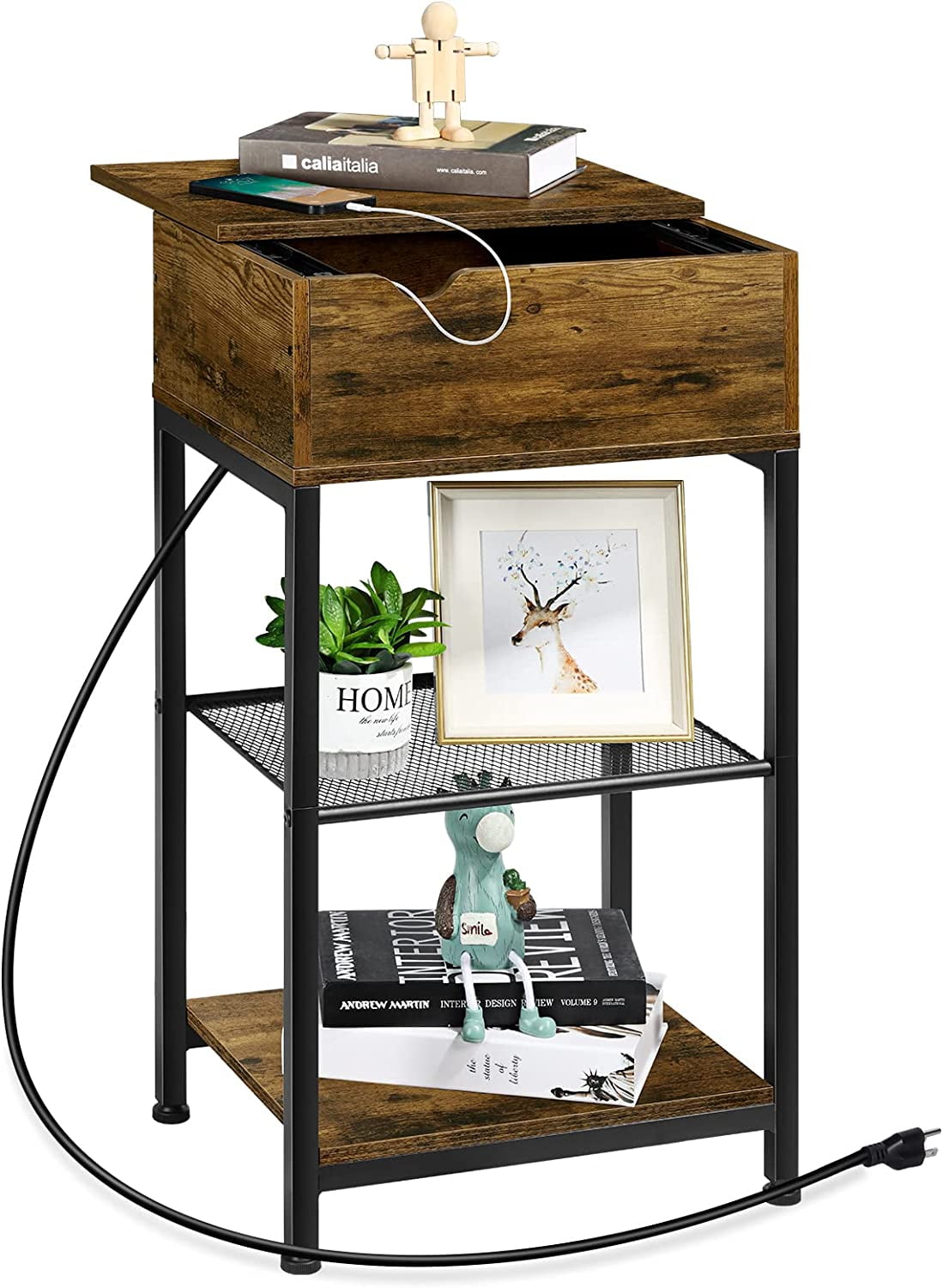 Oumilen Western Home 3 Layers Wide End Table and Drawer in Rustic Burnt Wood with Build-In Fast Charging Station with USB Ports